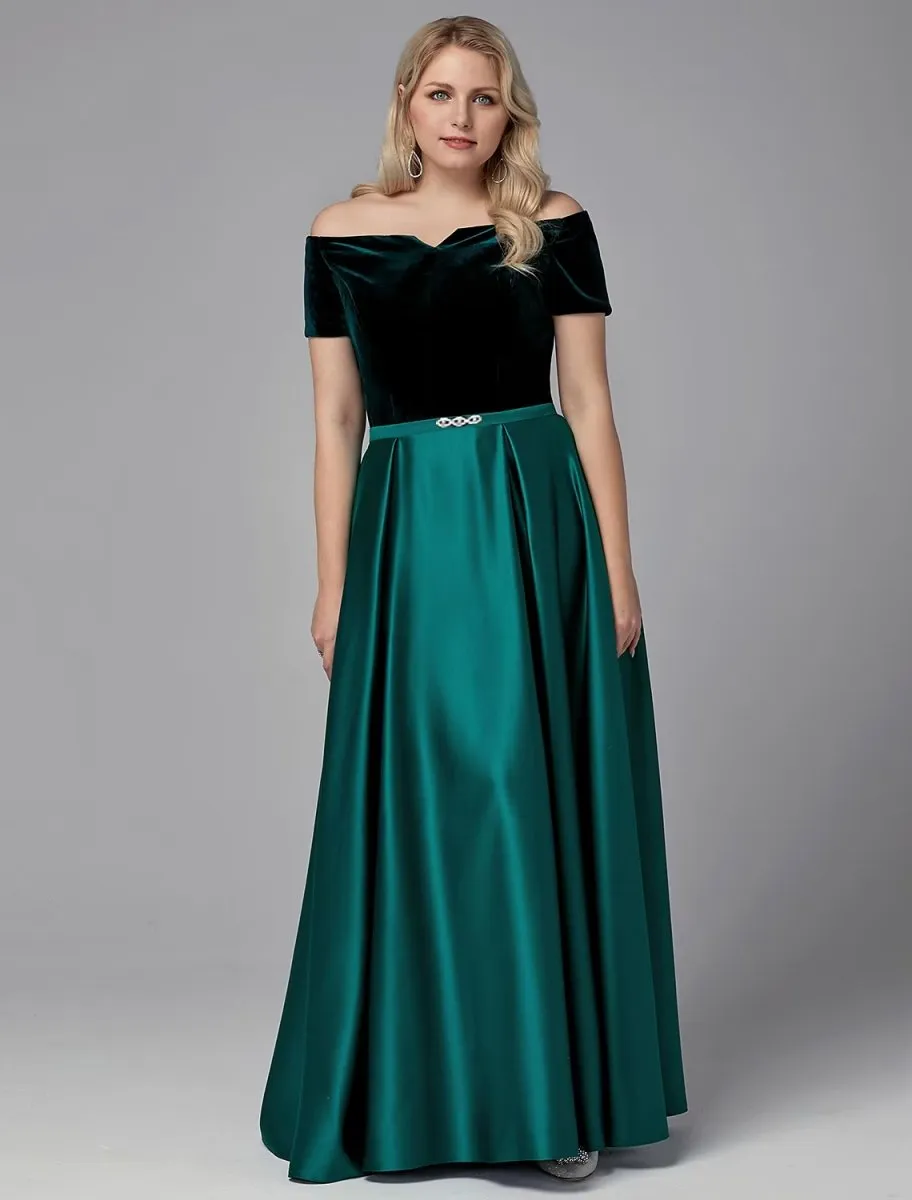 A-Line Special Occasion Dresses Elegant Dress Wedding Guest Floor Length Short Sleeve Off Shoulder Satin with Crystals