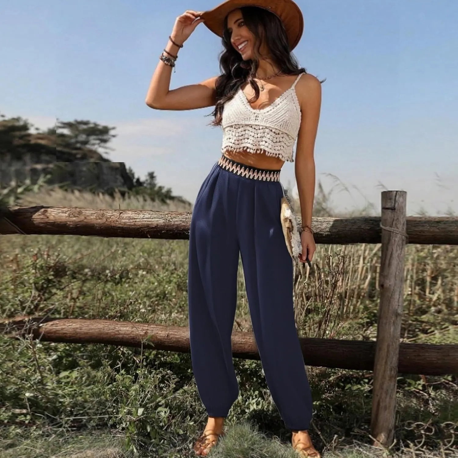 ADHOWBEW Capri Pants for Women Wide Leg Cotton Lounge Dressy Trendy Flowy Casual Drawstring Comfy Bottoms with Pockets