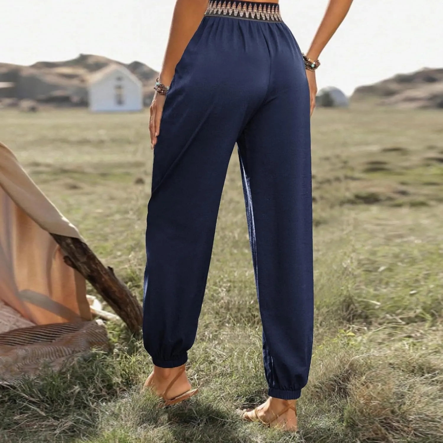 ADHOWBEW Capri Pants for Women Wide Leg Cotton Lounge Dressy Trendy Flowy Casual Drawstring Comfy Bottoms with Pockets