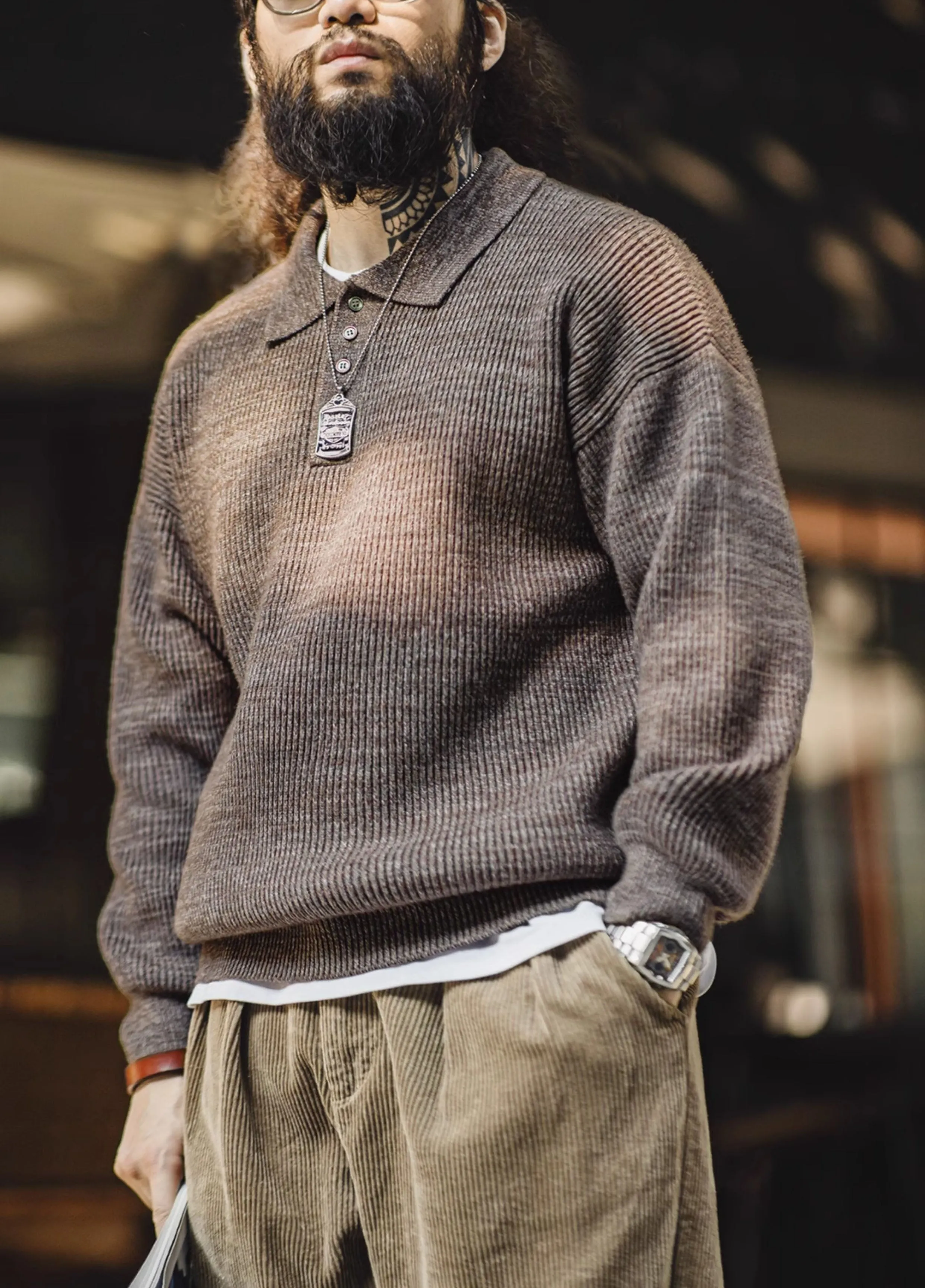 American Retro Knitted Polo Loose Wool Pullover Men's Sweater
