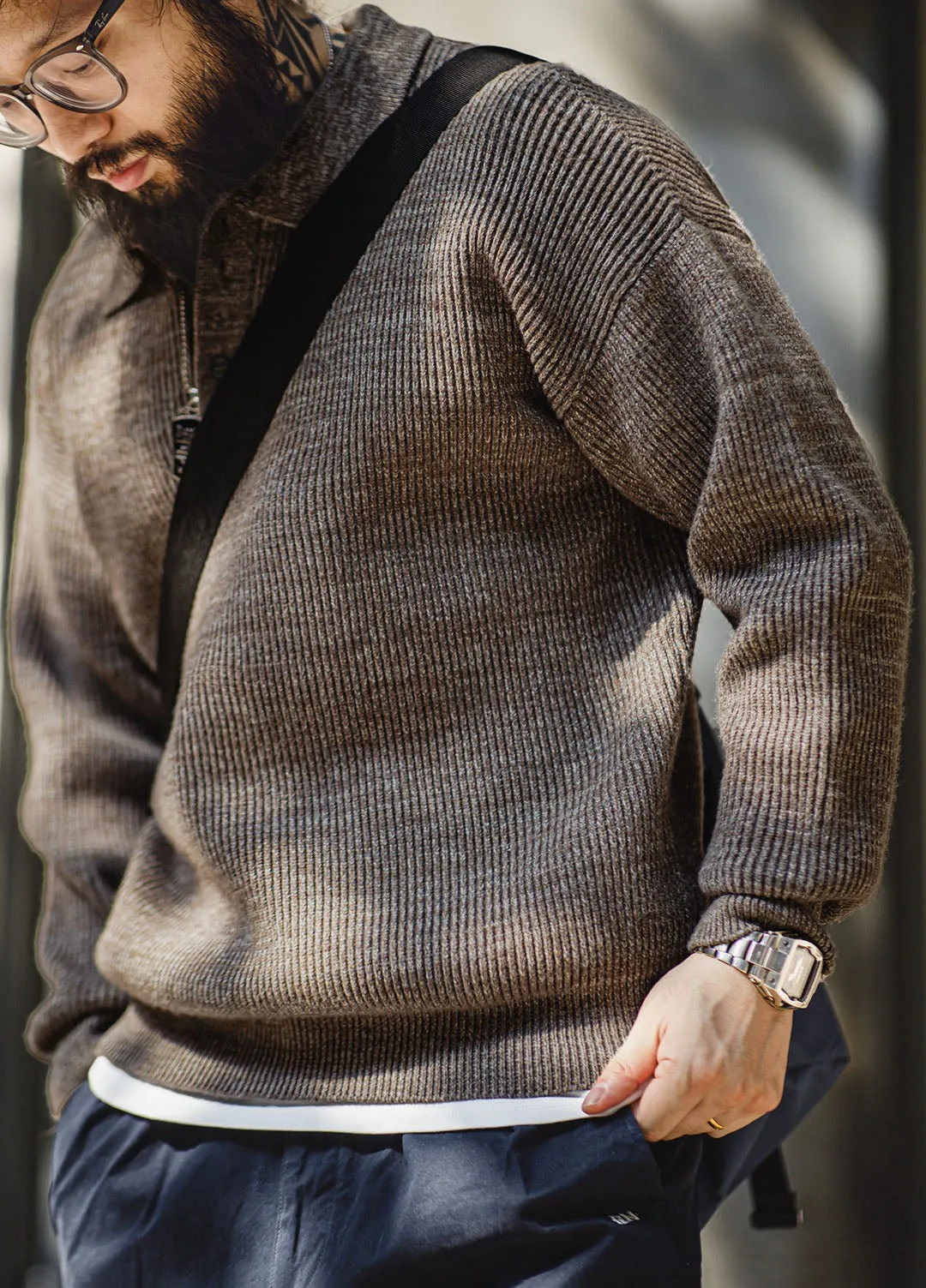 American Retro Knitted Polo Loose Wool Pullover Men's Sweater