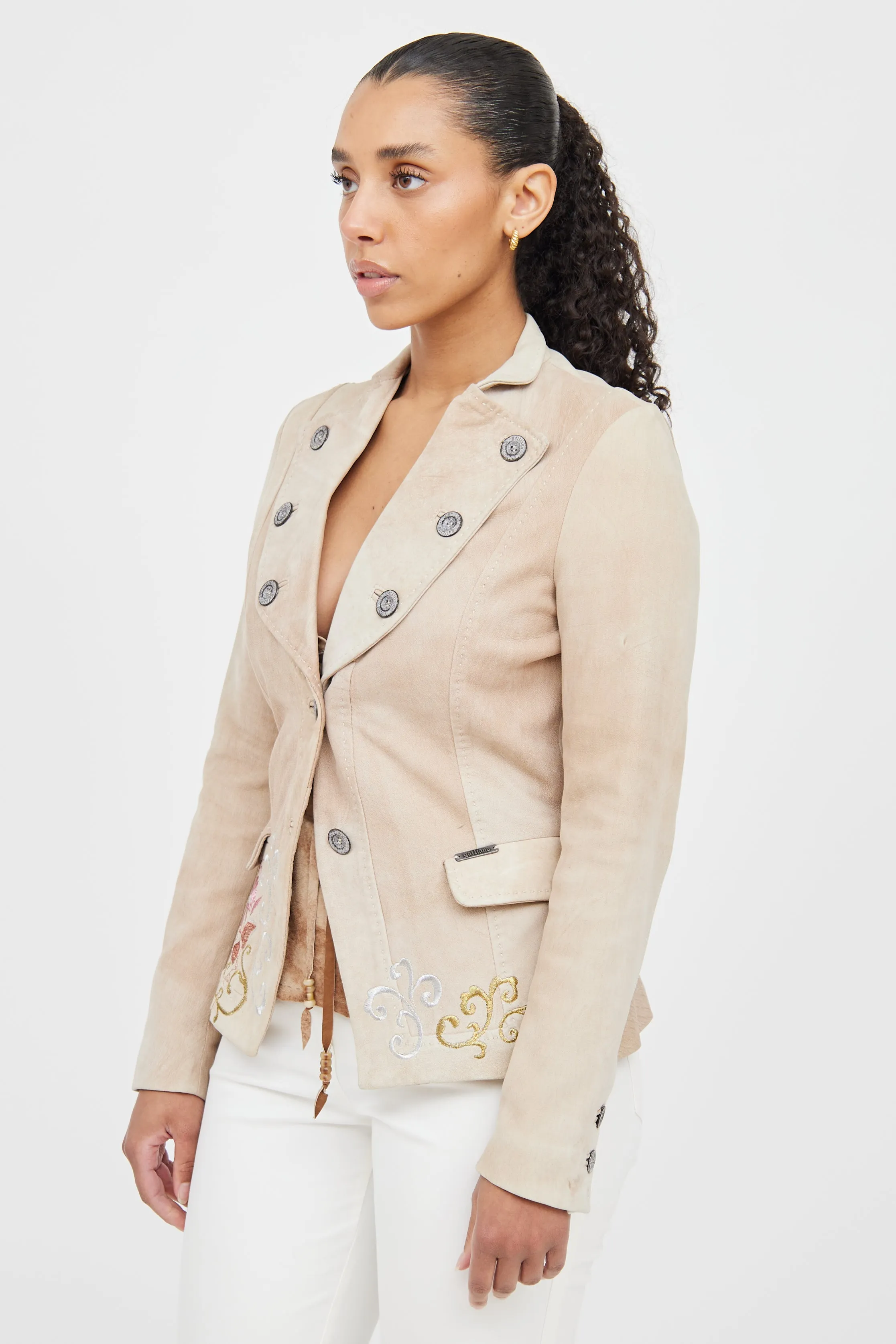 Beige & Multicolour Suede Embroidered Blazer