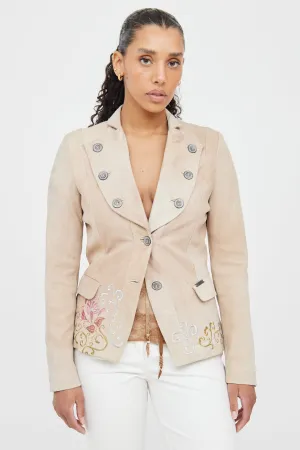 Beige & Multicolour Suede Embroidered Blazer