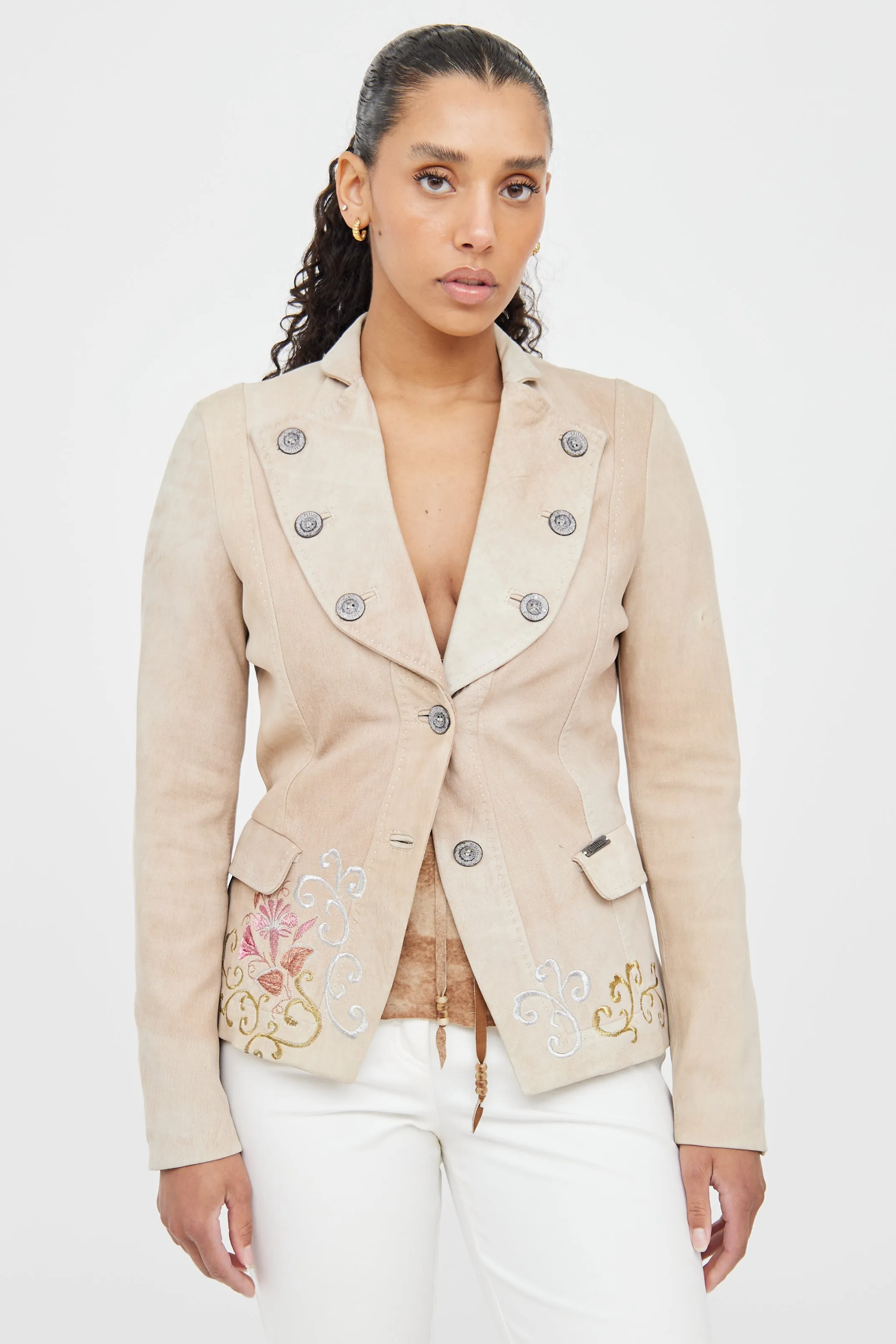 Beige & Multicolour Suede Embroidered Blazer