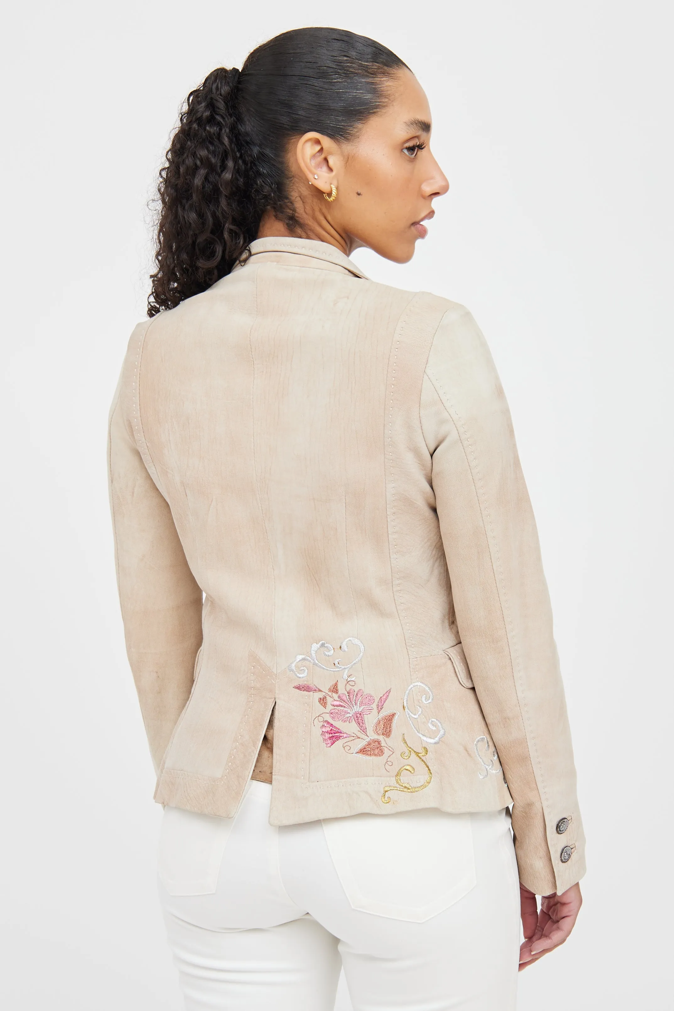 Beige & Multicolour Suede Embroidered Blazer