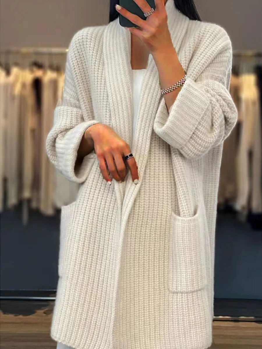 Beige Plain Long Sleeve Cardigan
