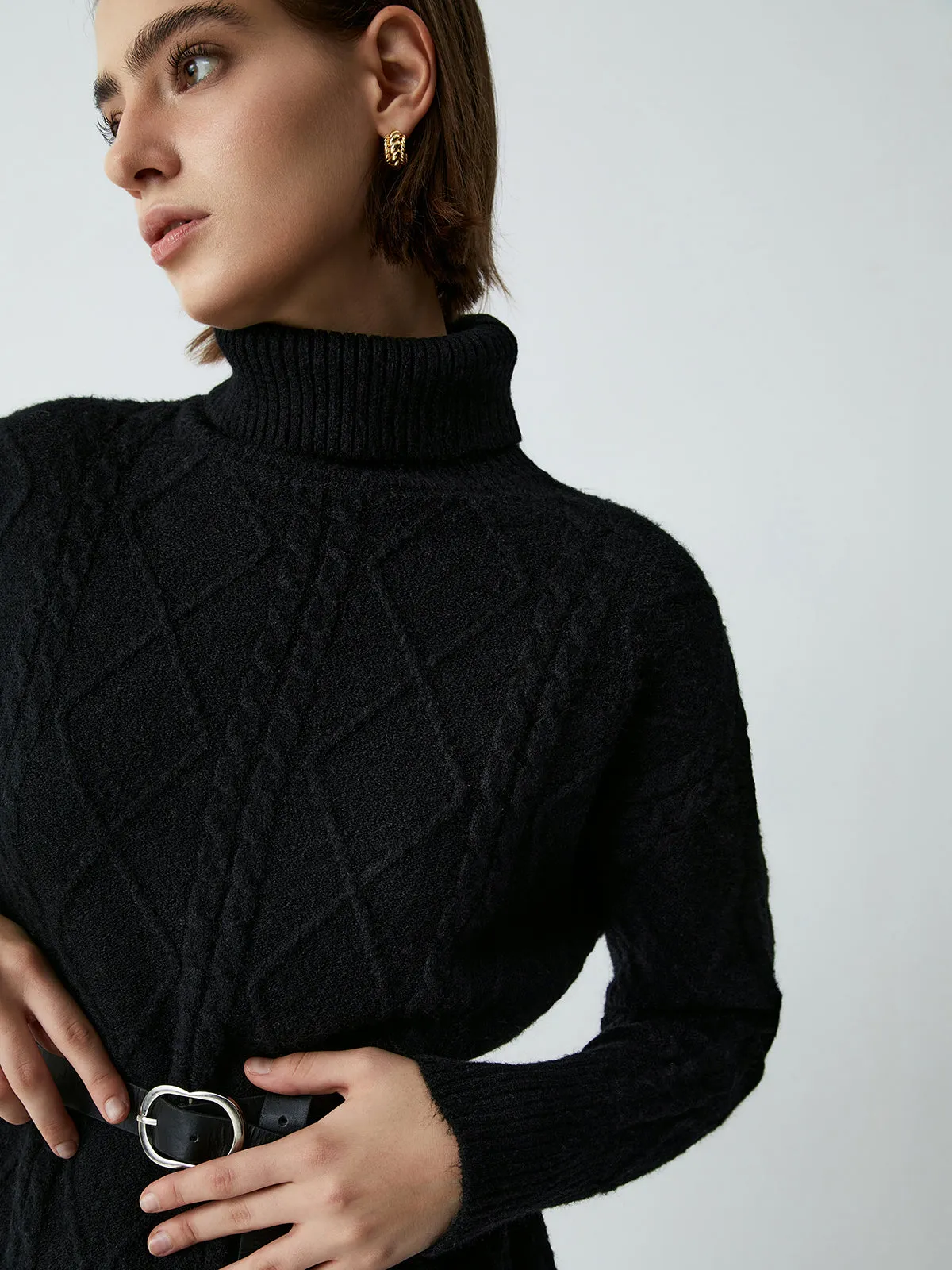 Belted Cable Knit Mock Modern Neck Short Sweater Dress