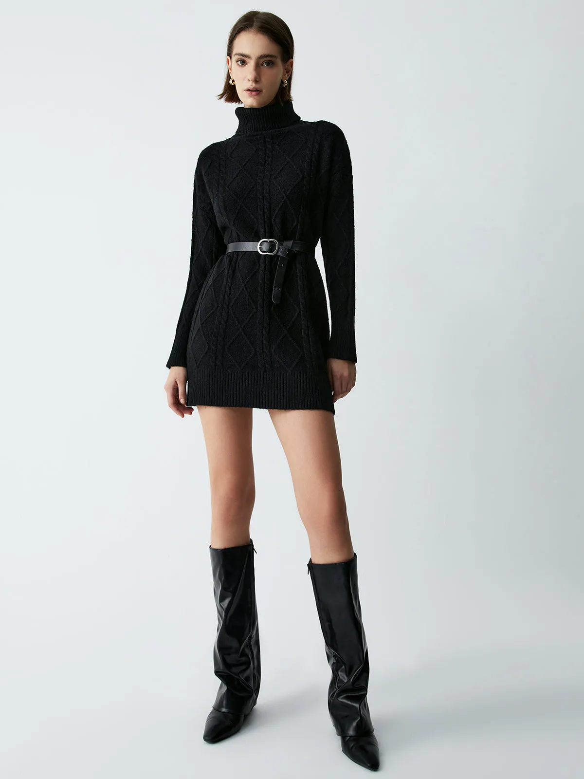 Belted Cable Knit Mock Modern Neck Short Sweater Dress