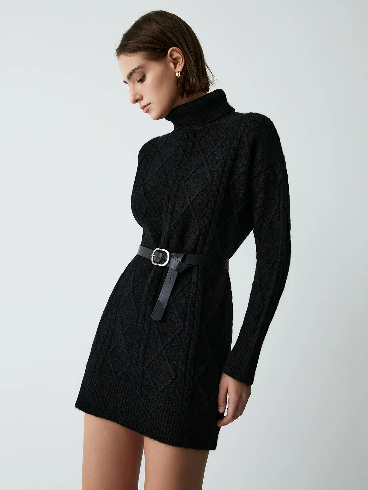 Belted Cable Knit Mock Modern Neck Short Sweater Dress