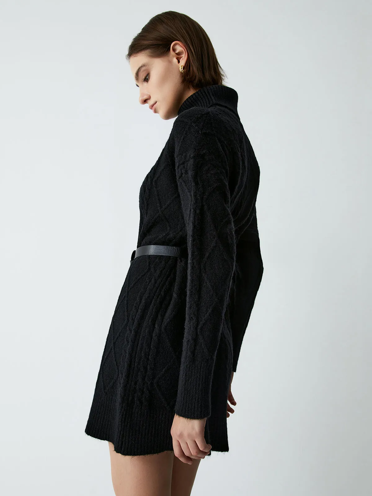 Belted Cable Knit Mock Modern Neck Short Sweater Dress