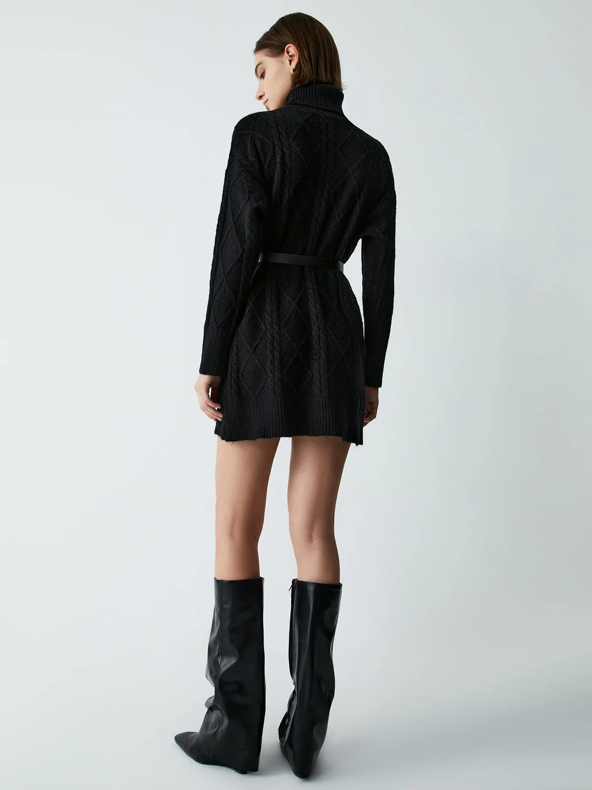 Belted Cable Knit Mock Modern Neck Short Sweater Dress