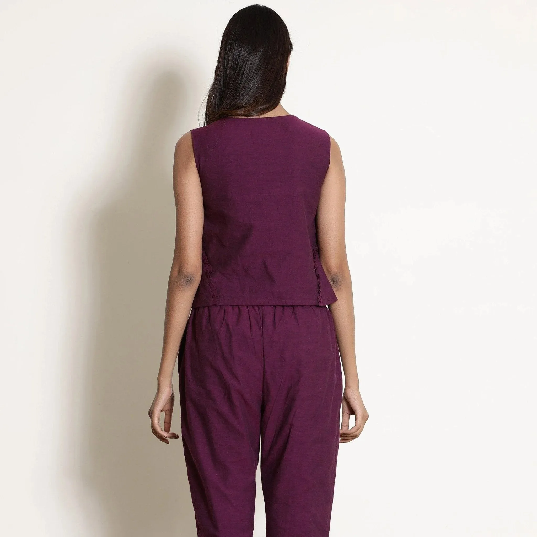 Berry Wine Warm Cotton Sleeveless Frilled Godet Top