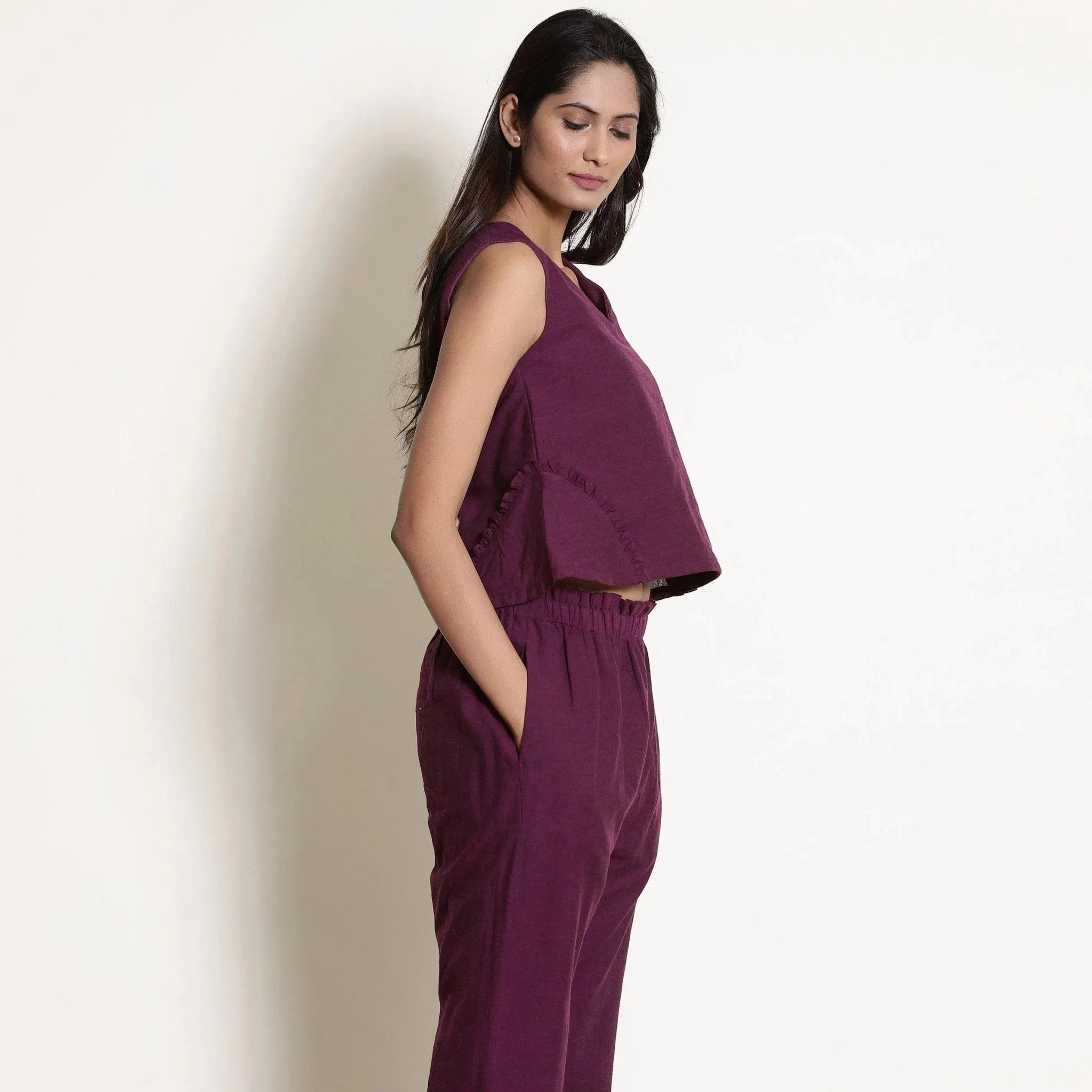 Berry Wine Warm Cotton Sleeveless Frilled Godet Top