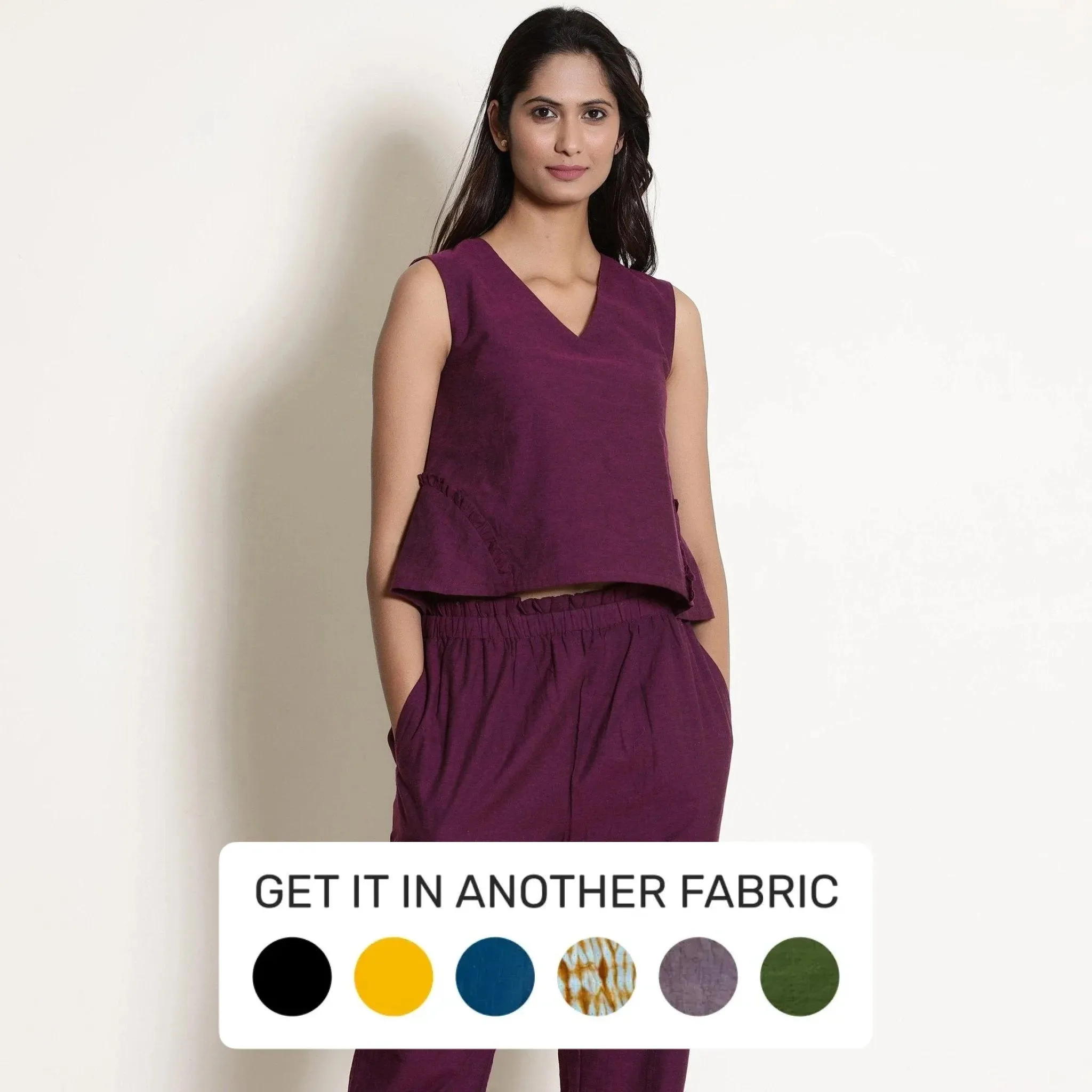 Berry Wine Warm Cotton Sleeveless Frilled Godet Top