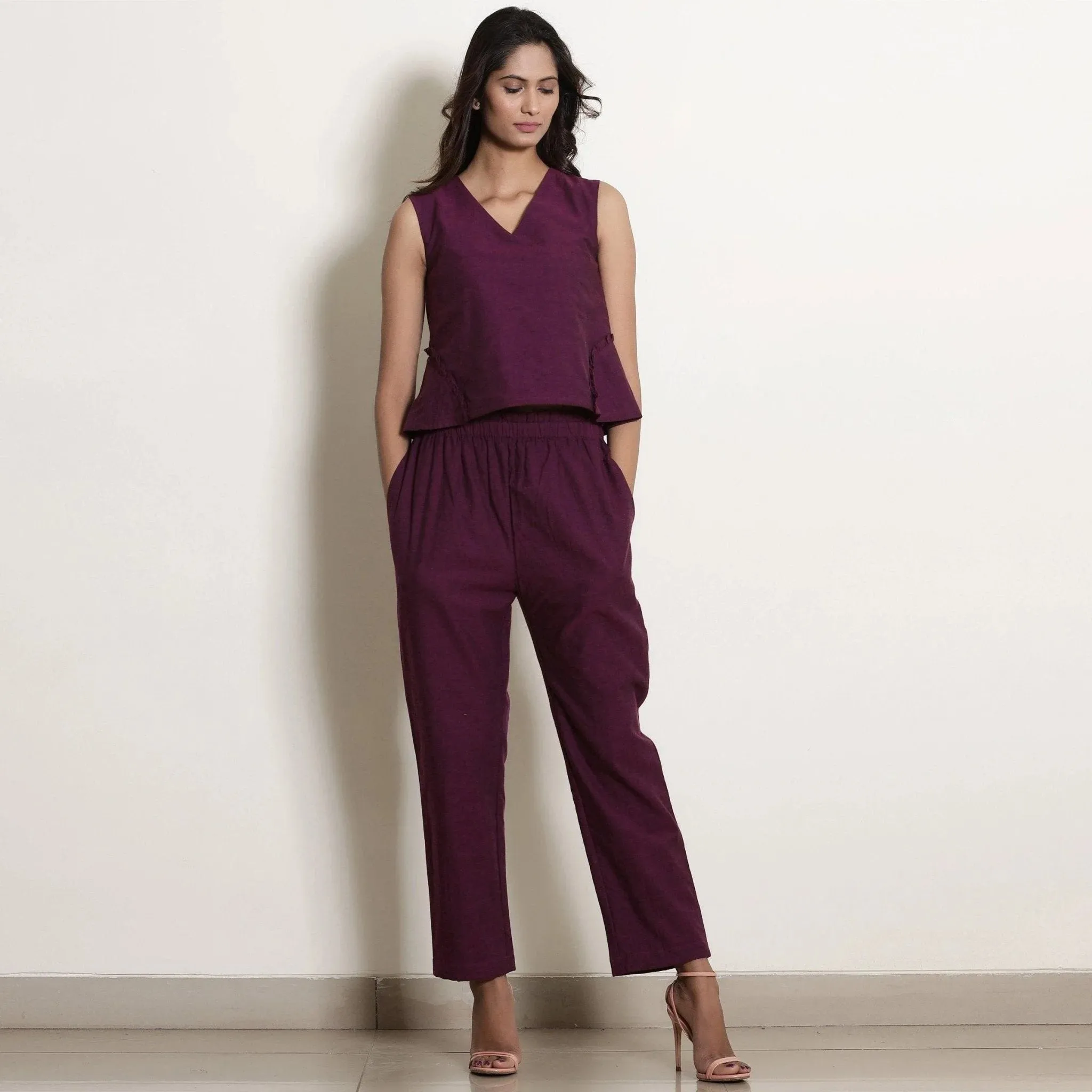 Berry Wine Warm Cotton Sleeveless Frilled Godet Top