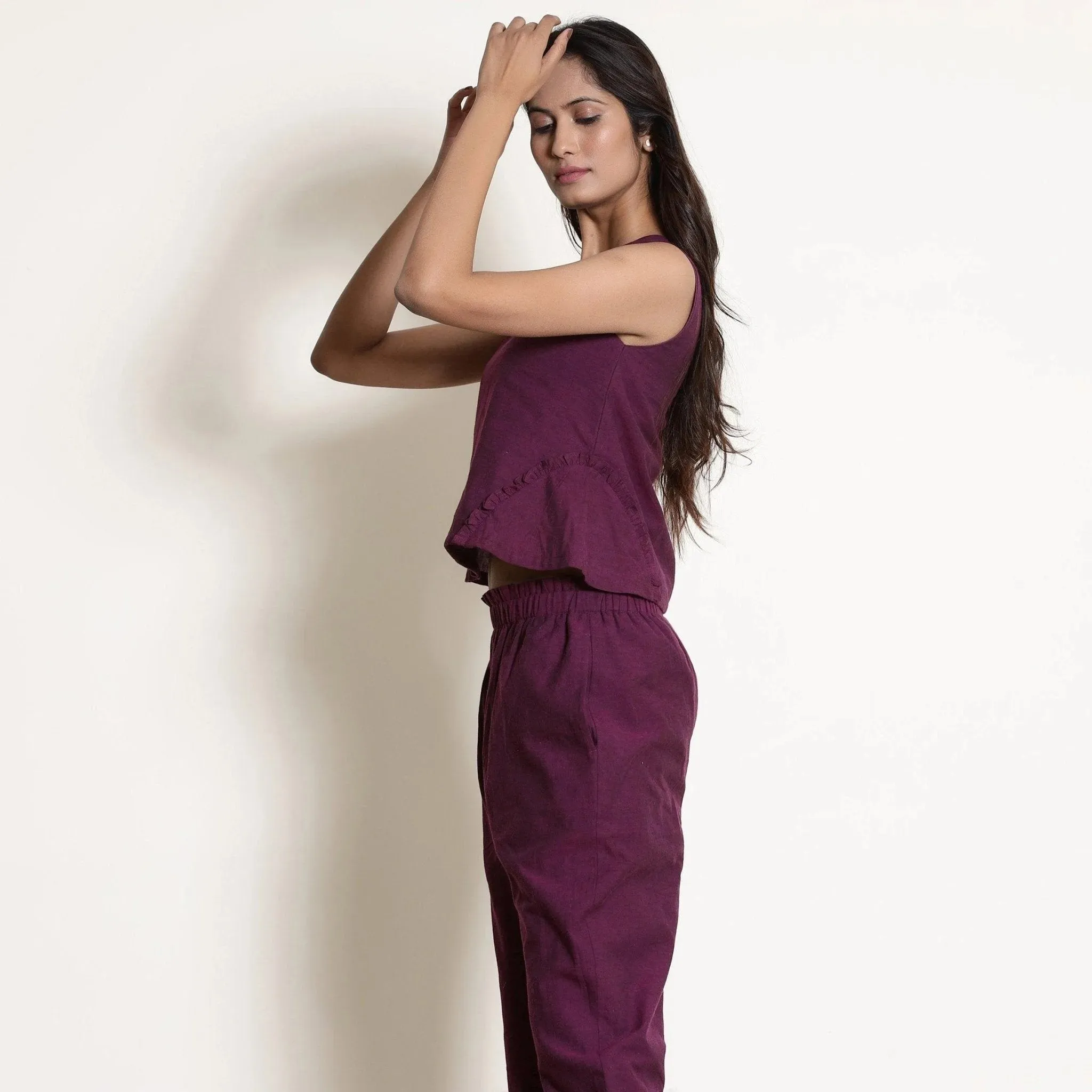Berry Wine Warm Cotton Sleeveless Frilled Godet Top