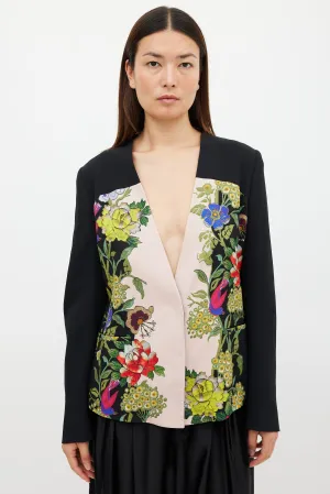 Black & Multicolour Floral Collarless Blazer