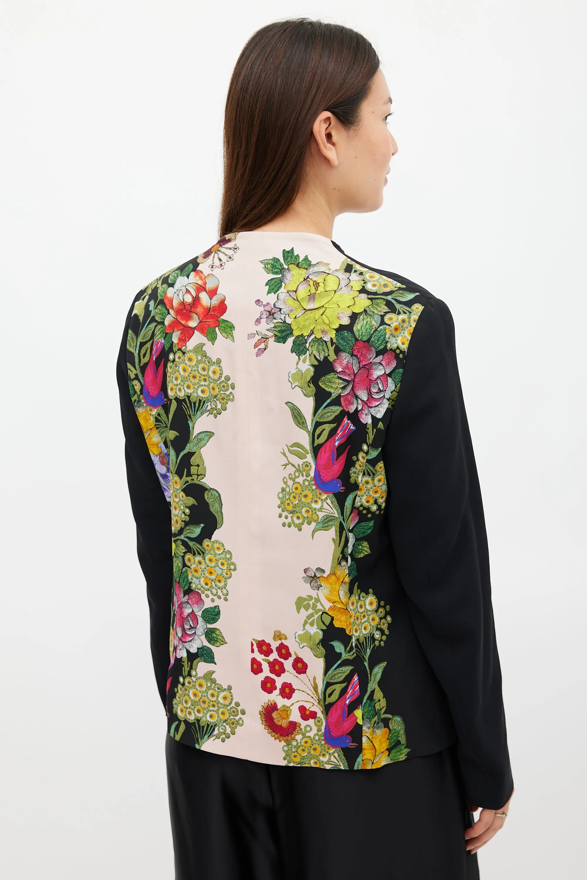 Black & Multicolour Floral Collarless Blazer