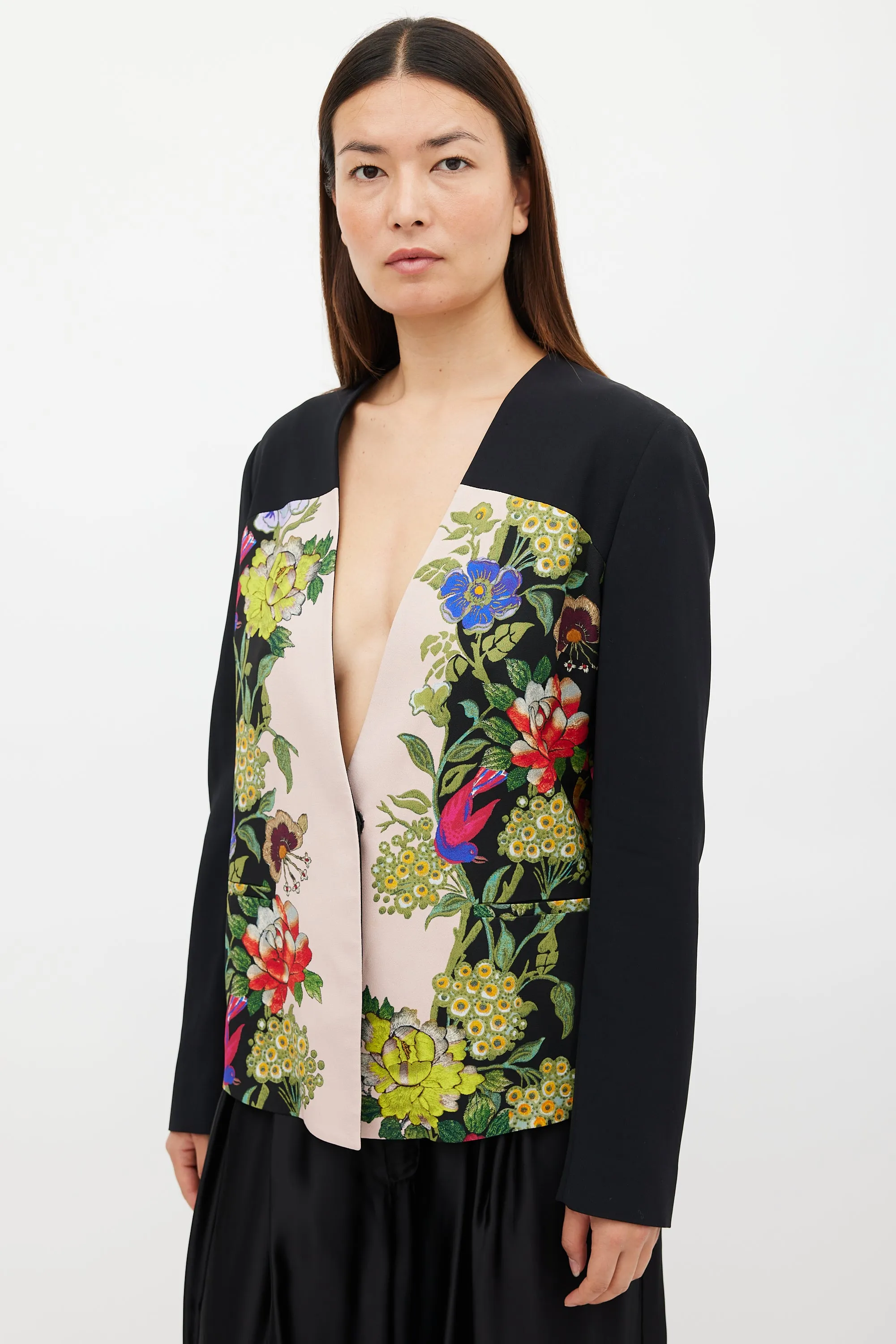 Black & Multicolour Floral Collarless Blazer
