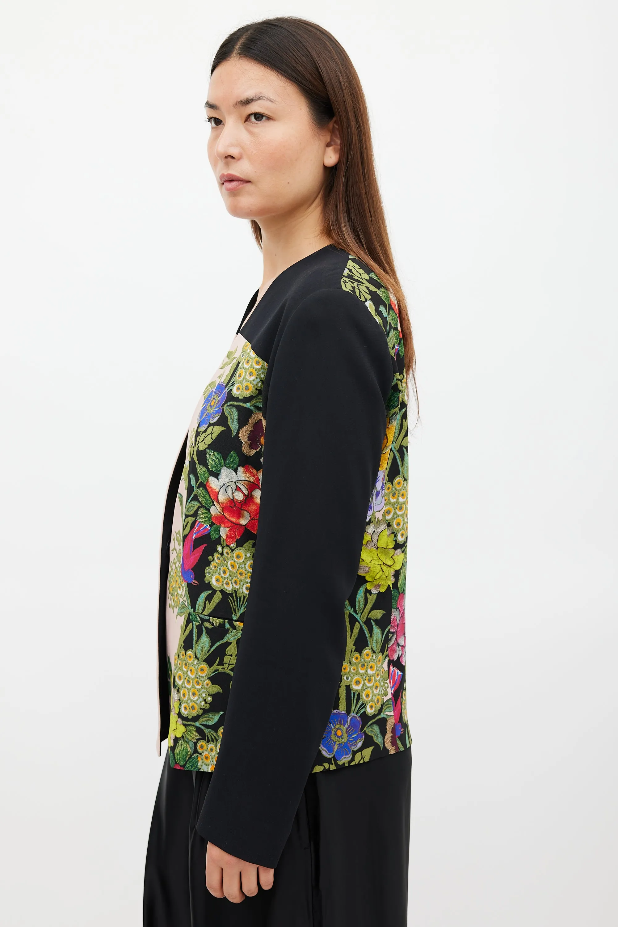 Black & Multicolour Floral Collarless Blazer