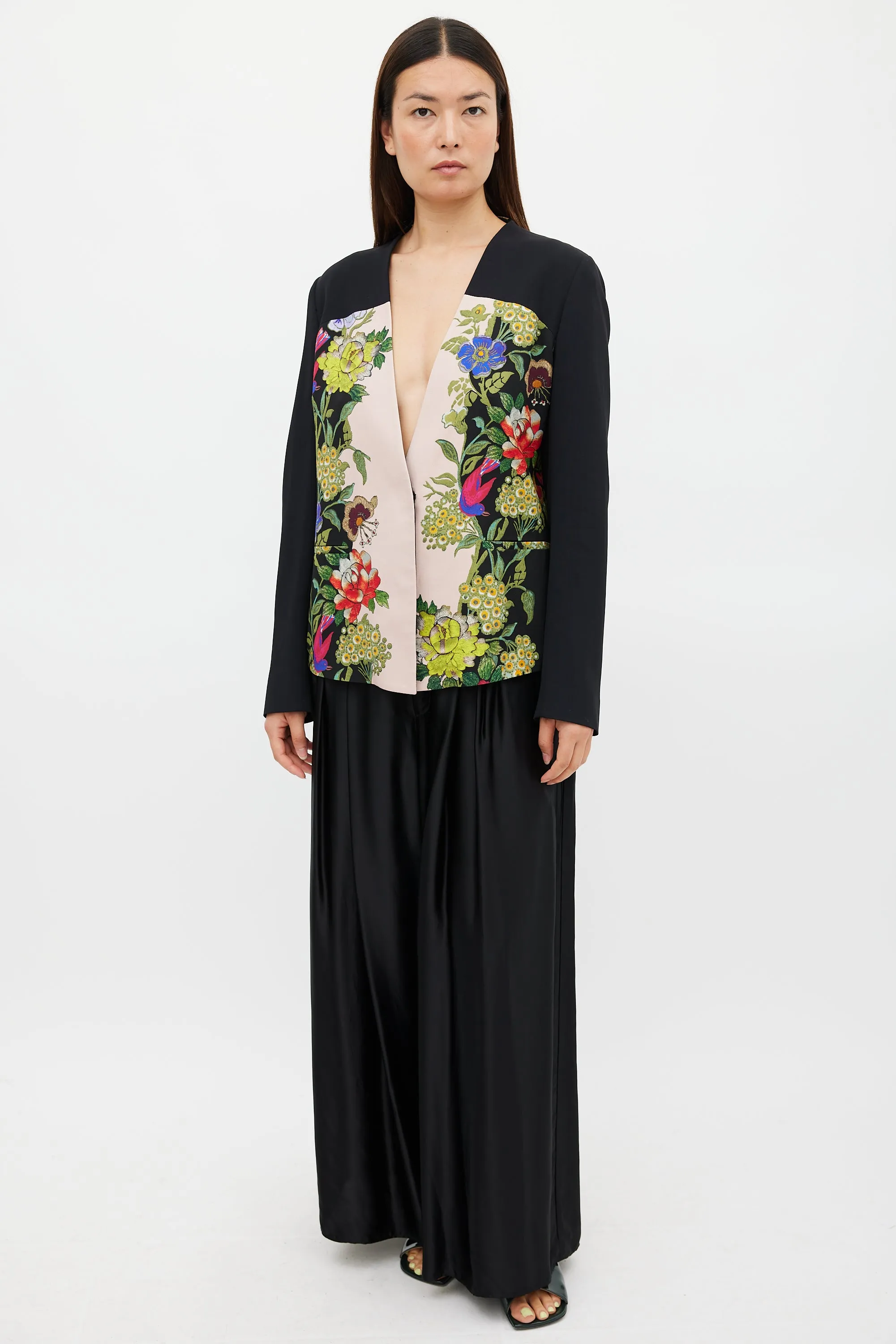 Black & Multicolour Floral Collarless Blazer