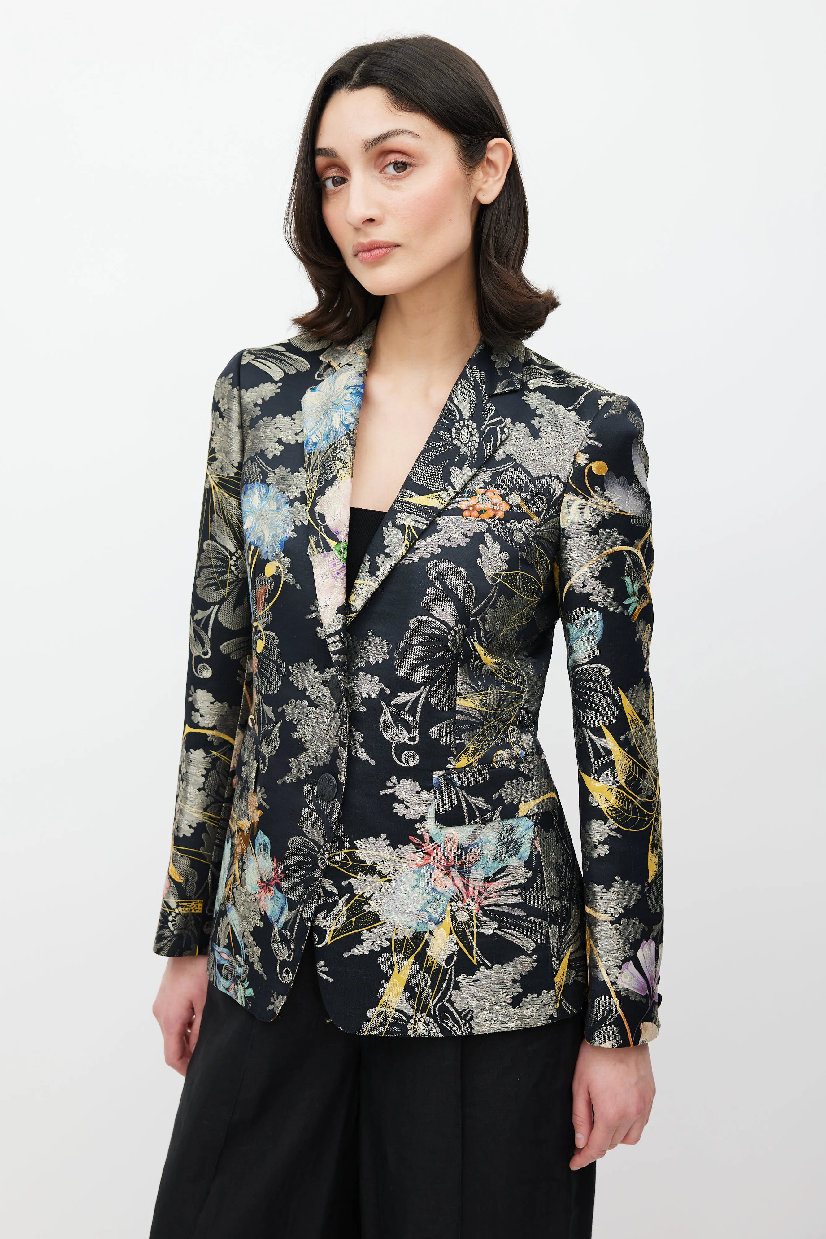 Black & Multicolour Floral Jacquard Blazer