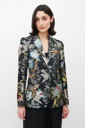 Black & Multicolour Floral Jacquard Blazer
