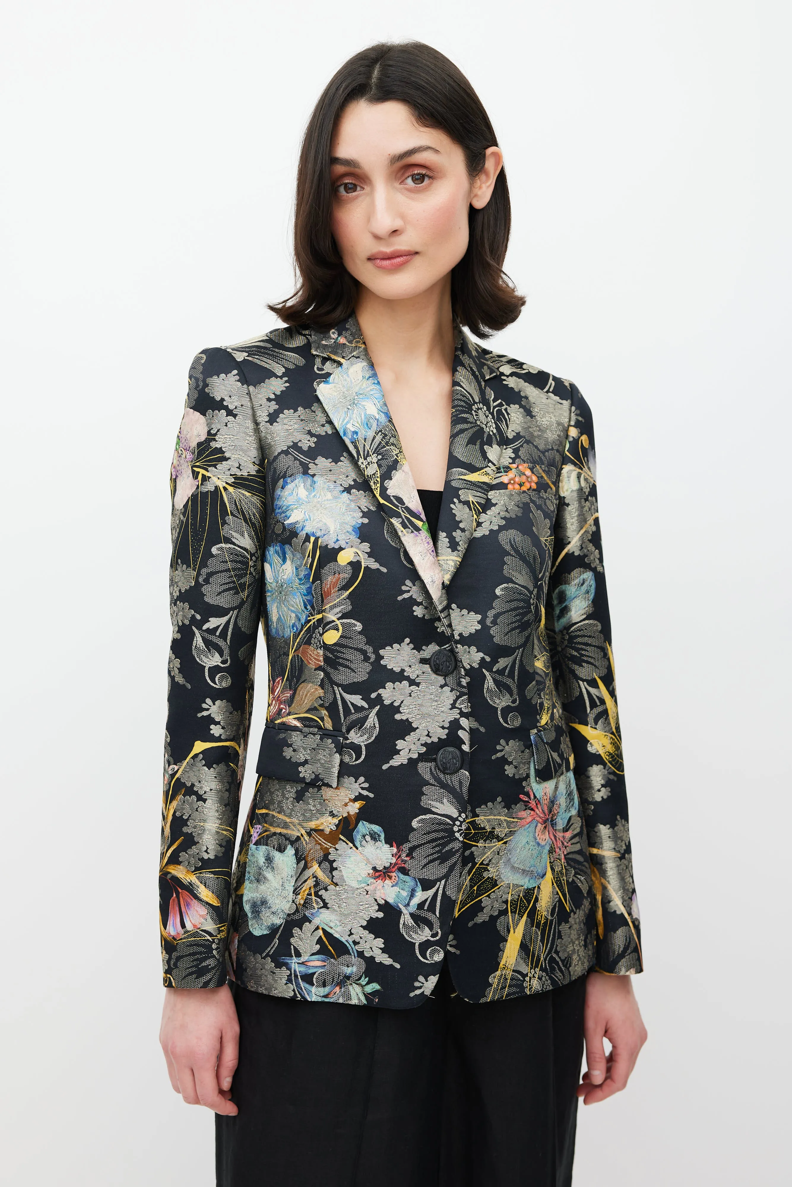 Black & Multicolour Floral Jacquard Blazer