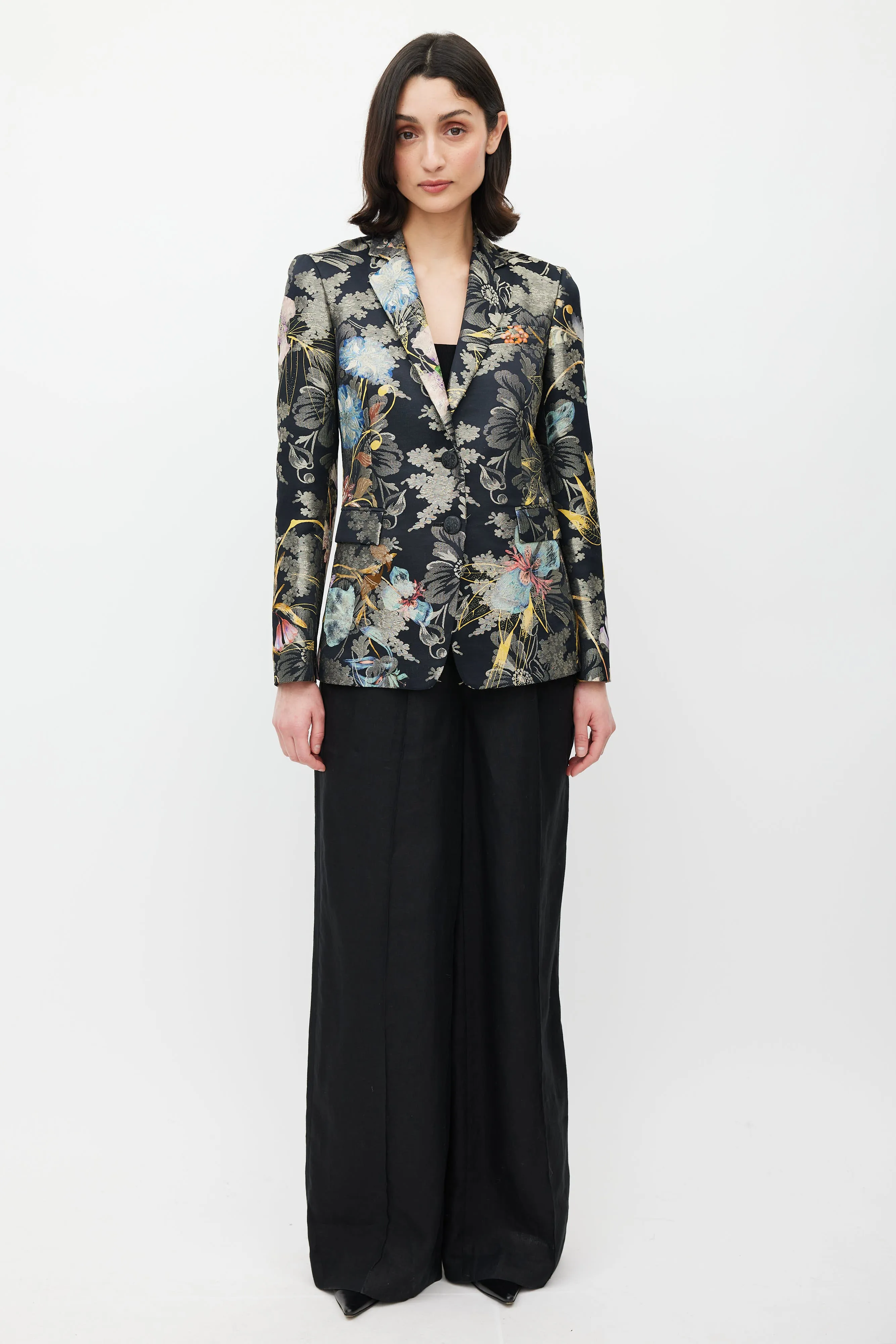 Black & Multicolour Floral Jacquard Blazer