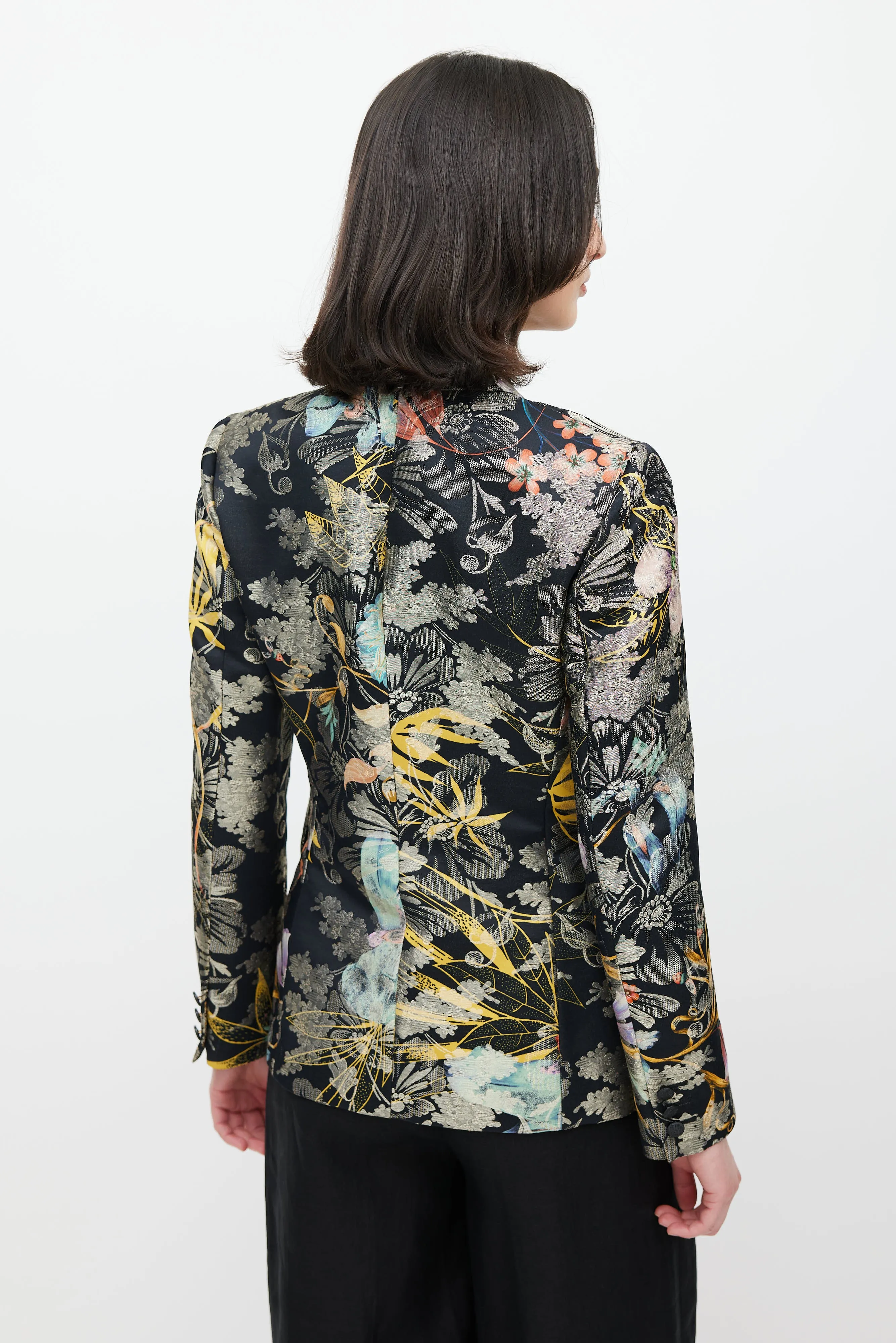 Black & Multicolour Floral Jacquard Blazer