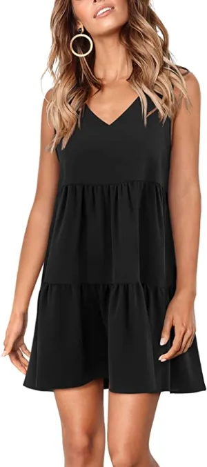 Black Sleeveless Women Summer Tunic Dress V Neck Casual Loose Flowy Swing Shift Dresses - Amoretu