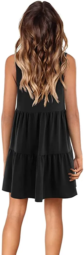 Black Sleeveless Women Summer Tunic Dress V Neck Casual Loose Flowy Swing Shift Dresses - Amoretu