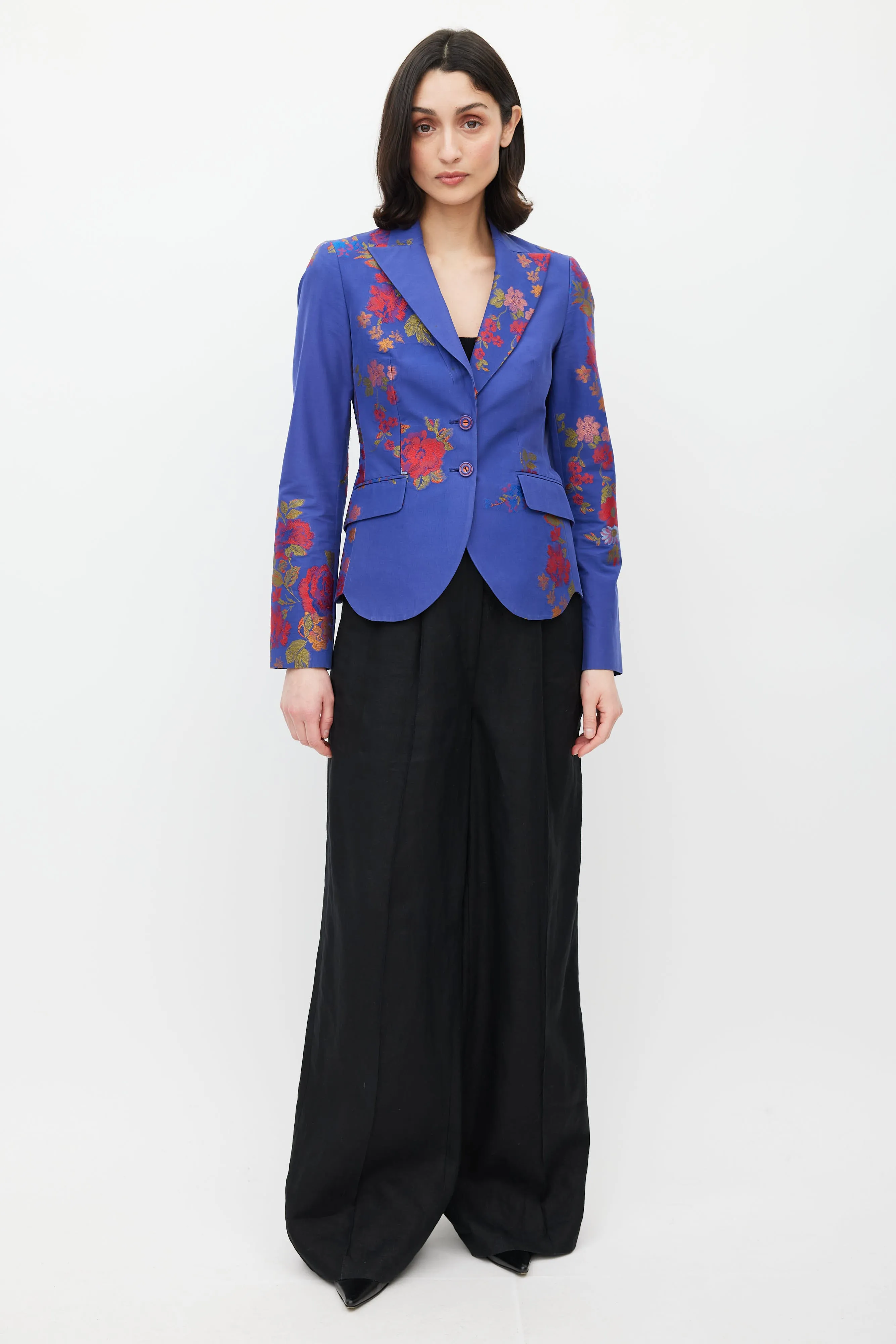 Blue & Multicolour Floral Jacquard Blazer