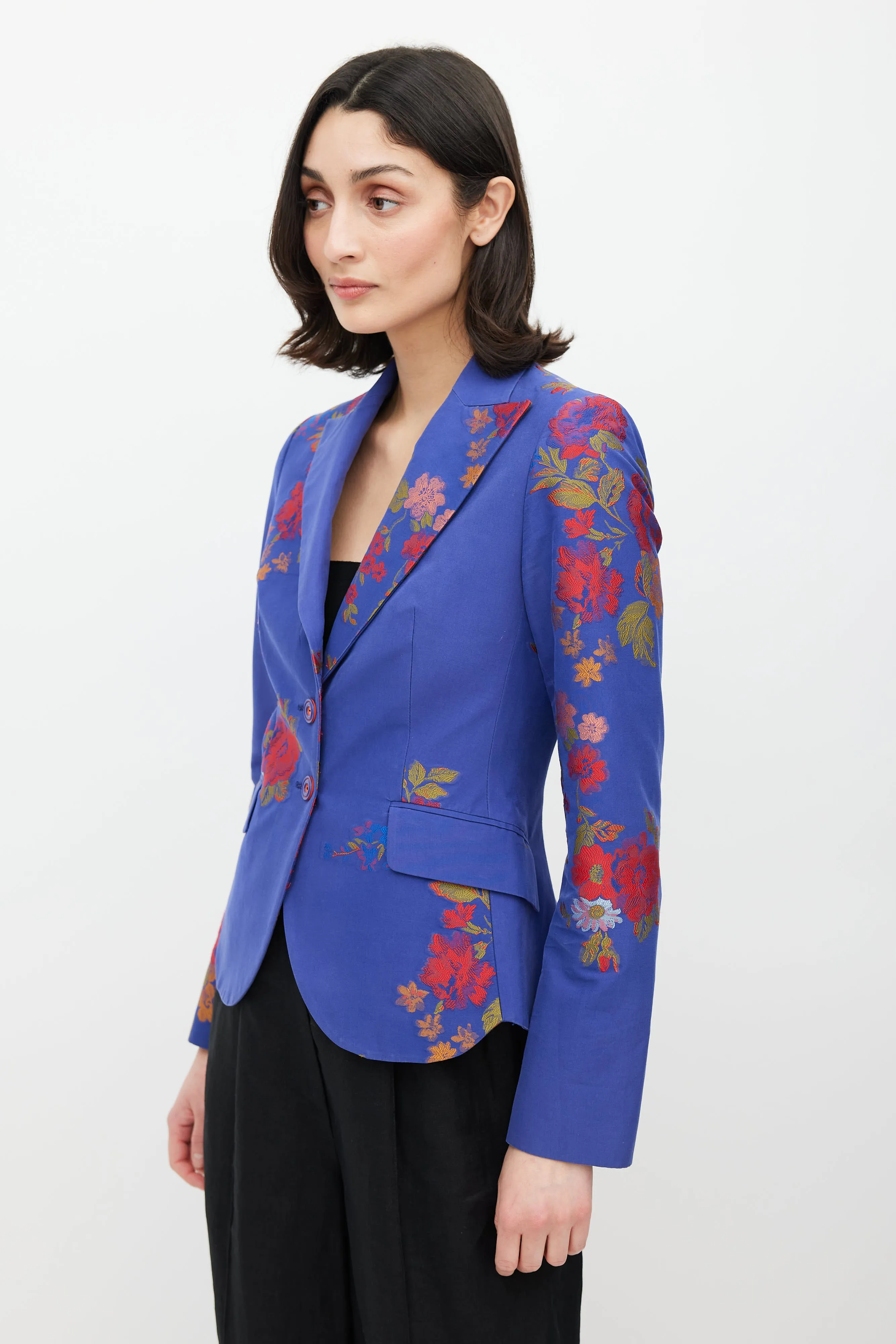 Blue & Multicolour Floral Jacquard Blazer