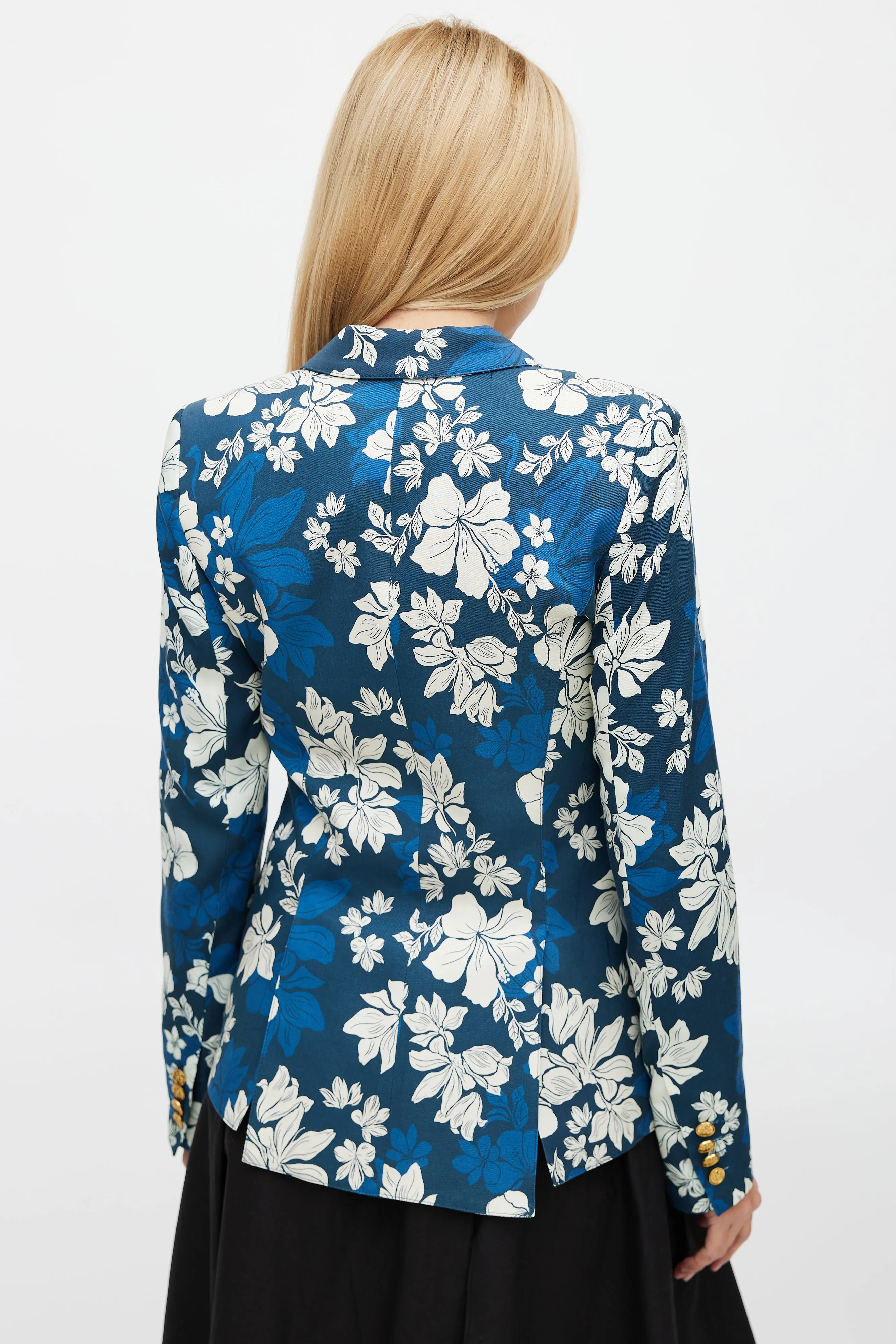 Blue & White Blocked Peak Lapel Floral Blazer