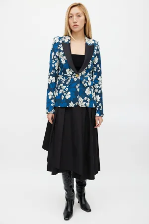 Blue & White Blocked Peak Lapel Floral Blazer