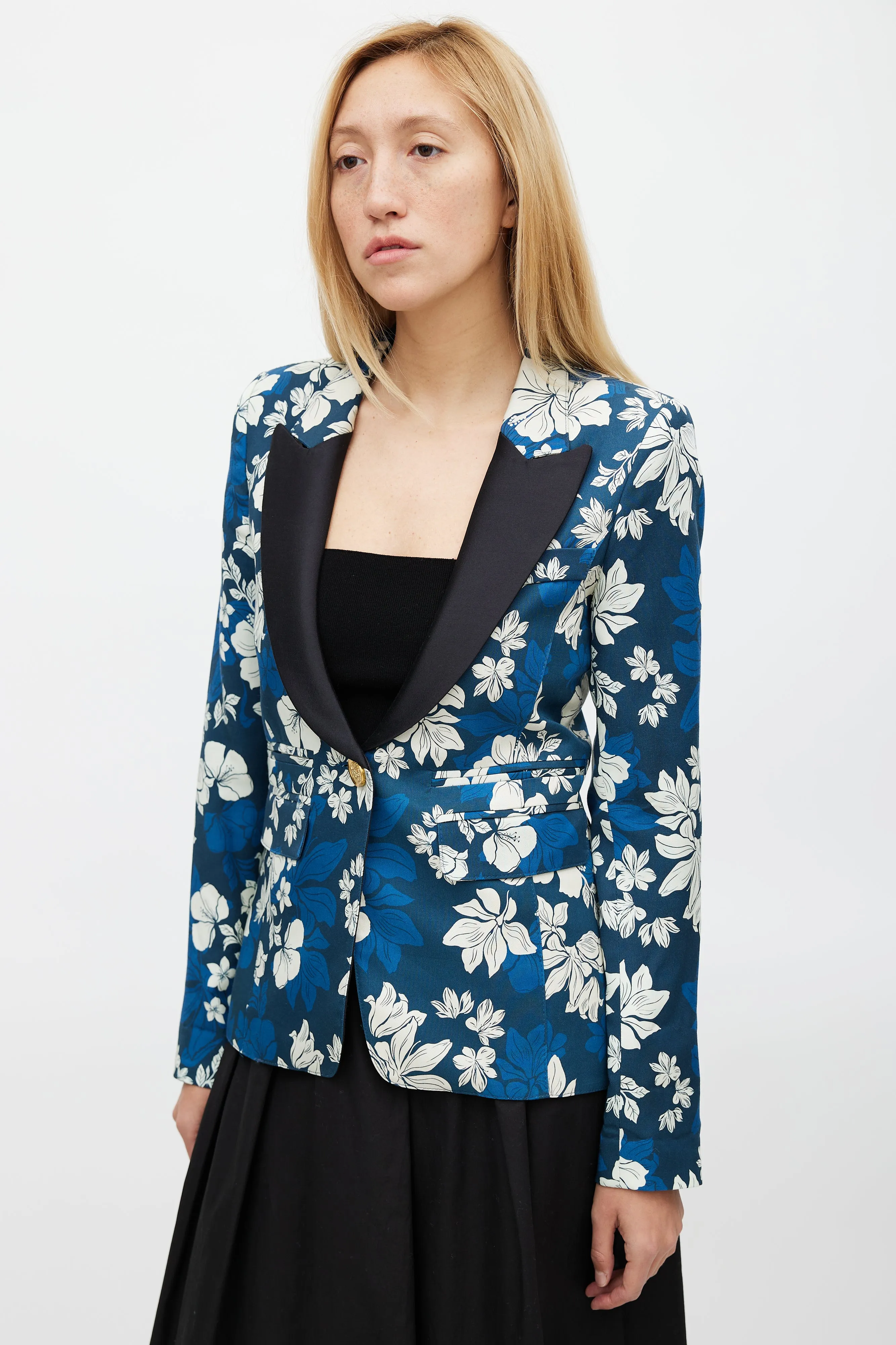 Blue & White Blocked Peak Lapel Floral Blazer