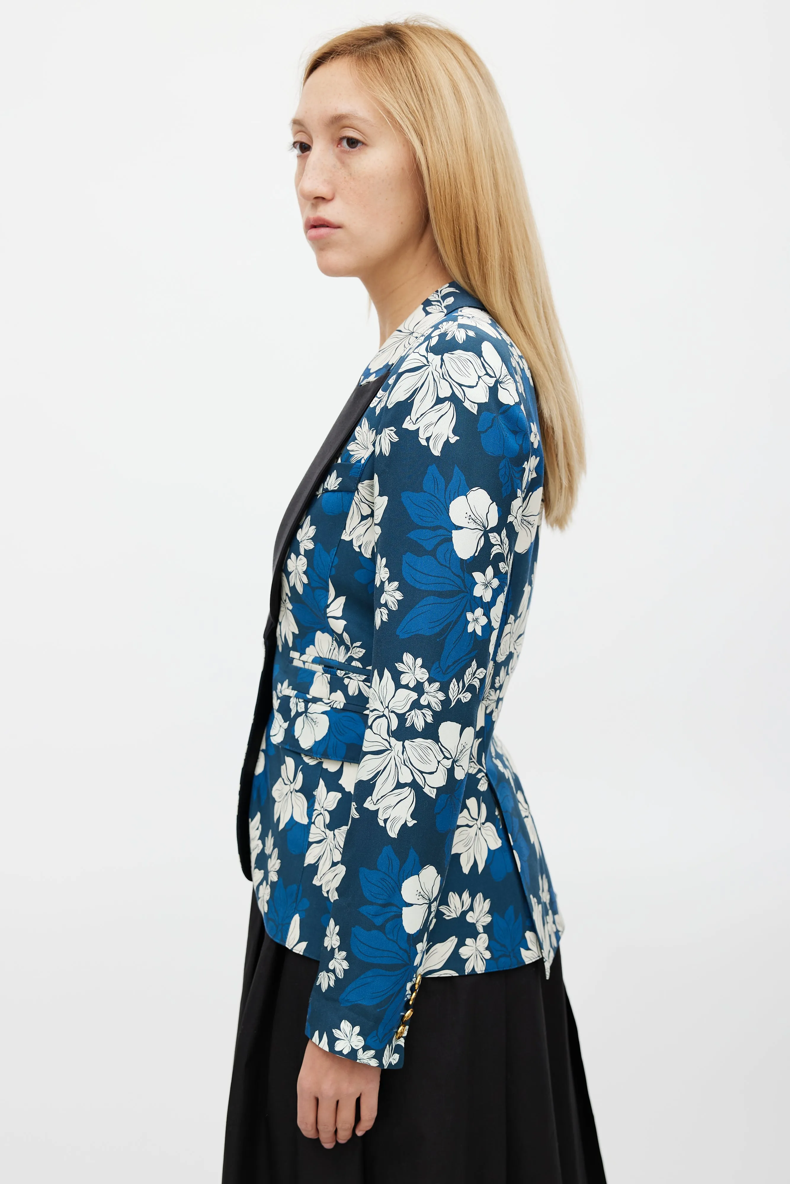 Blue & White Blocked Peak Lapel Floral Blazer