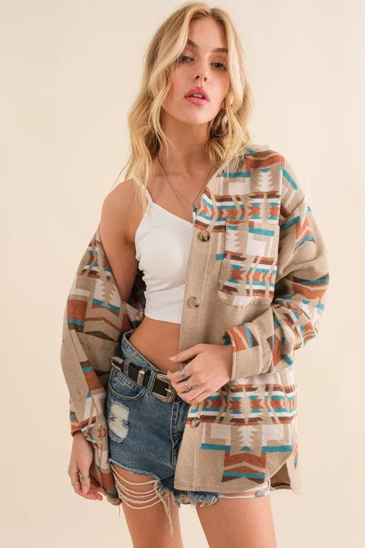 Blue B Taupe and Teal Exclusive Aztec Shirt Jacket