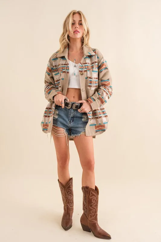 Blue B Taupe and Teal Exclusive Aztec Shirt Jacket