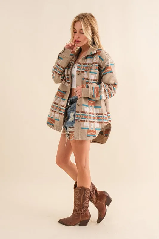 Blue B Taupe and Teal Exclusive Aztec Shirt Jacket