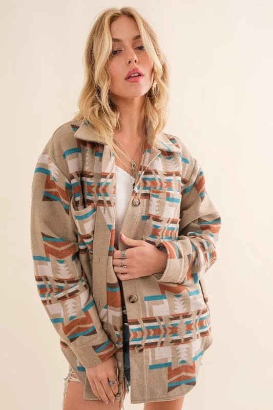 Blue B Taupe and Teal Exclusive Aztec Shirt Jacket
