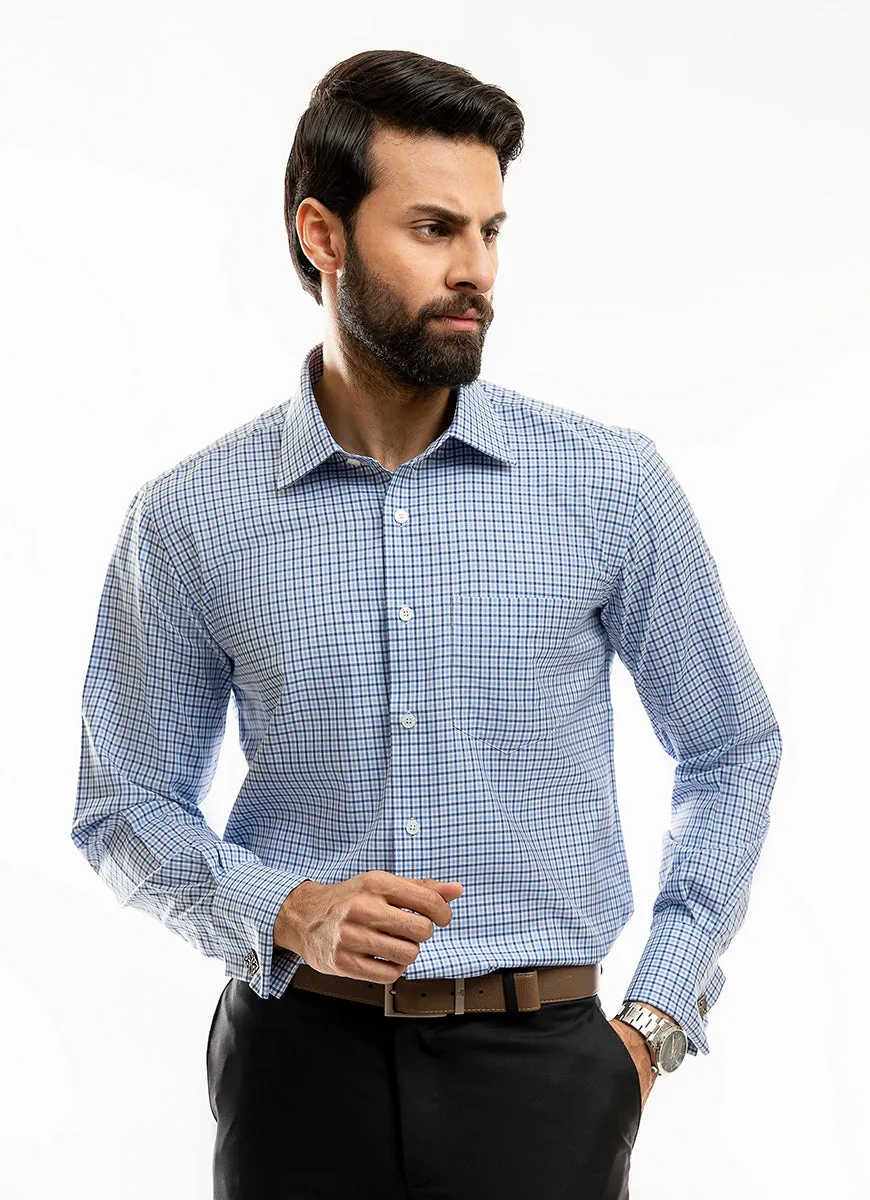 Blue Checks on White Base, Supernova Gold, Formal Shirt