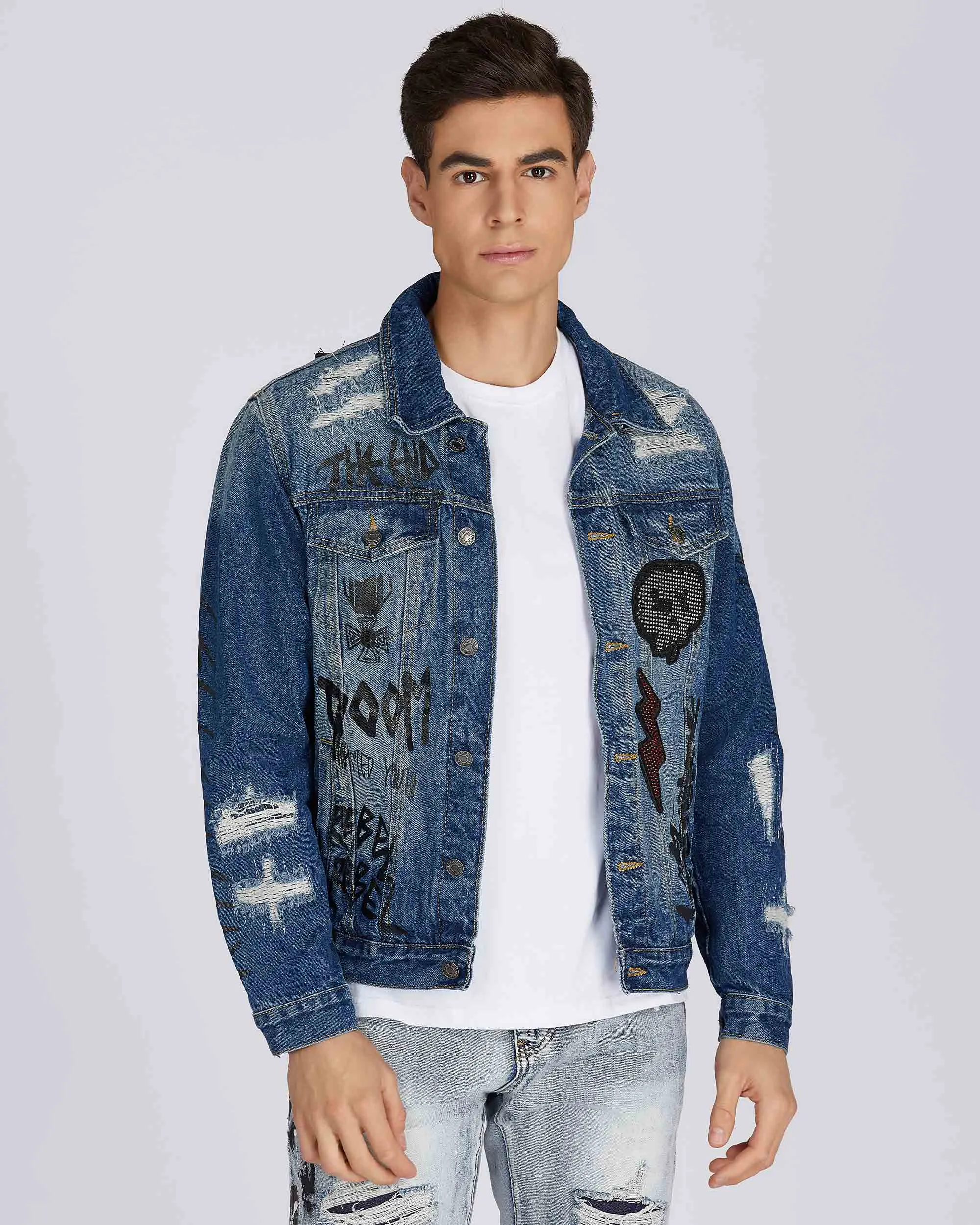 Blue Denim Jacket with Gradient Wash and Embroidery-Mexico Local Delivery
