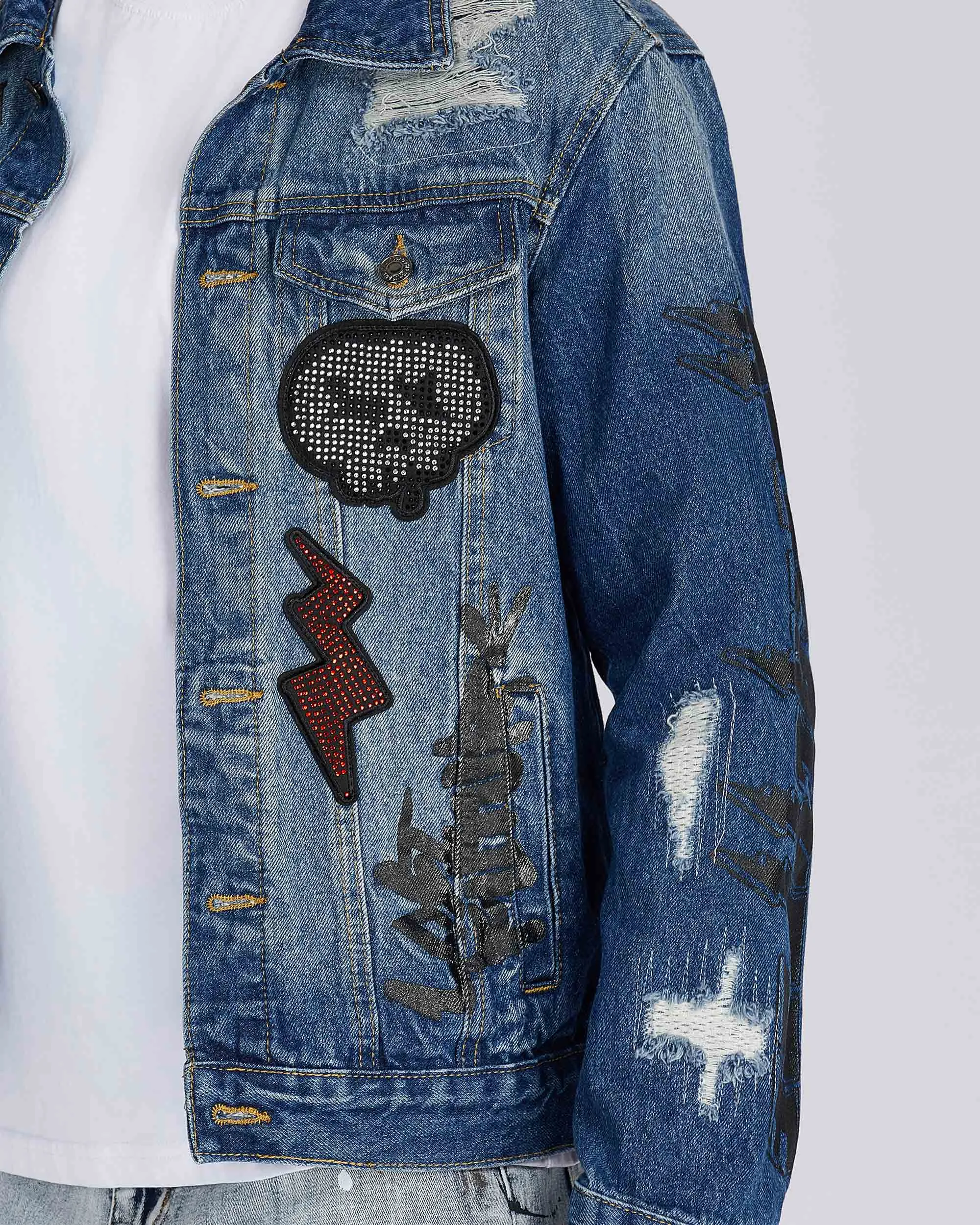 Blue Denim Jacket with Gradient Wash and Embroidery-Mexico Local Delivery