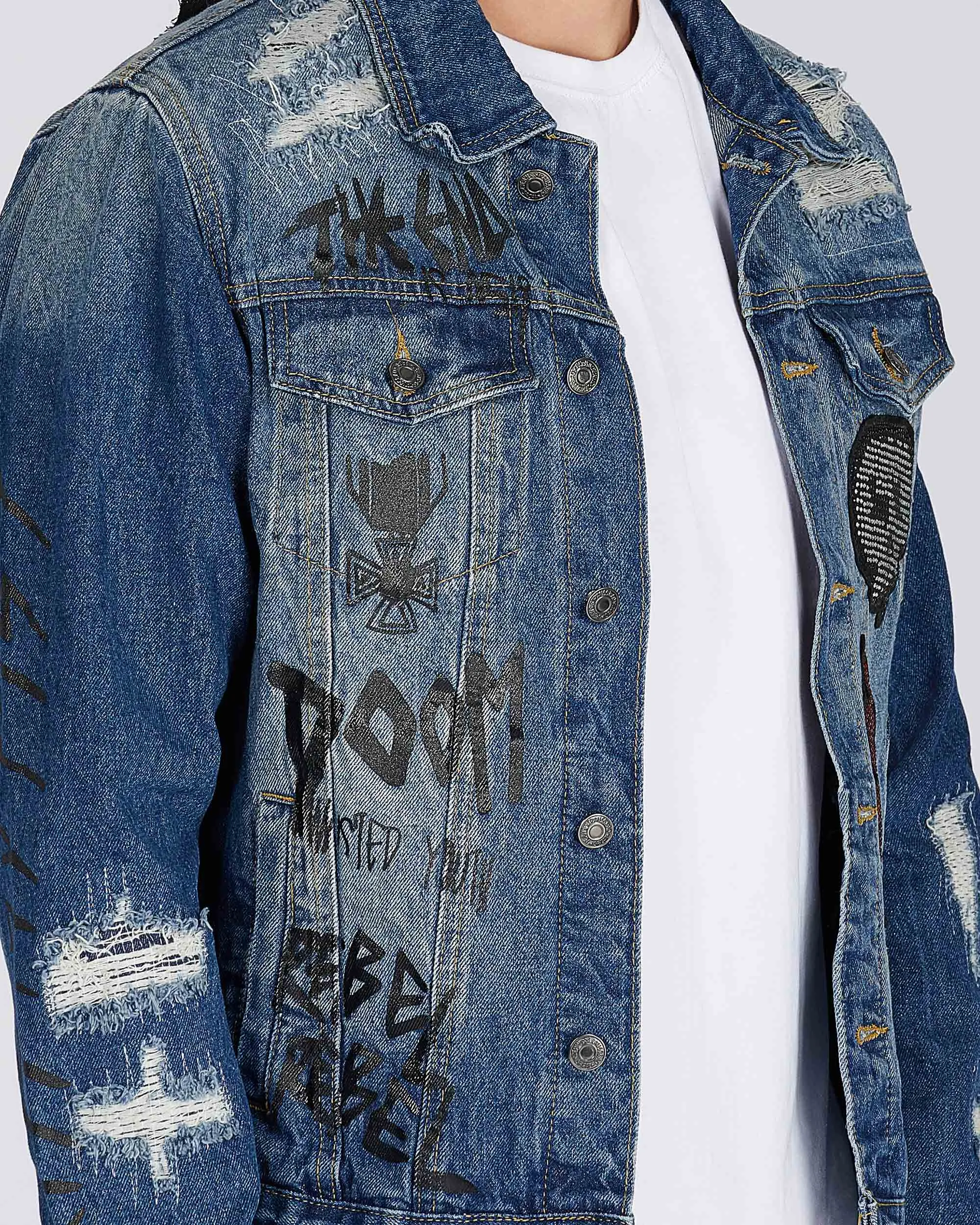 Blue Denim Jacket with Gradient Wash and Embroidery-Mexico Local Delivery