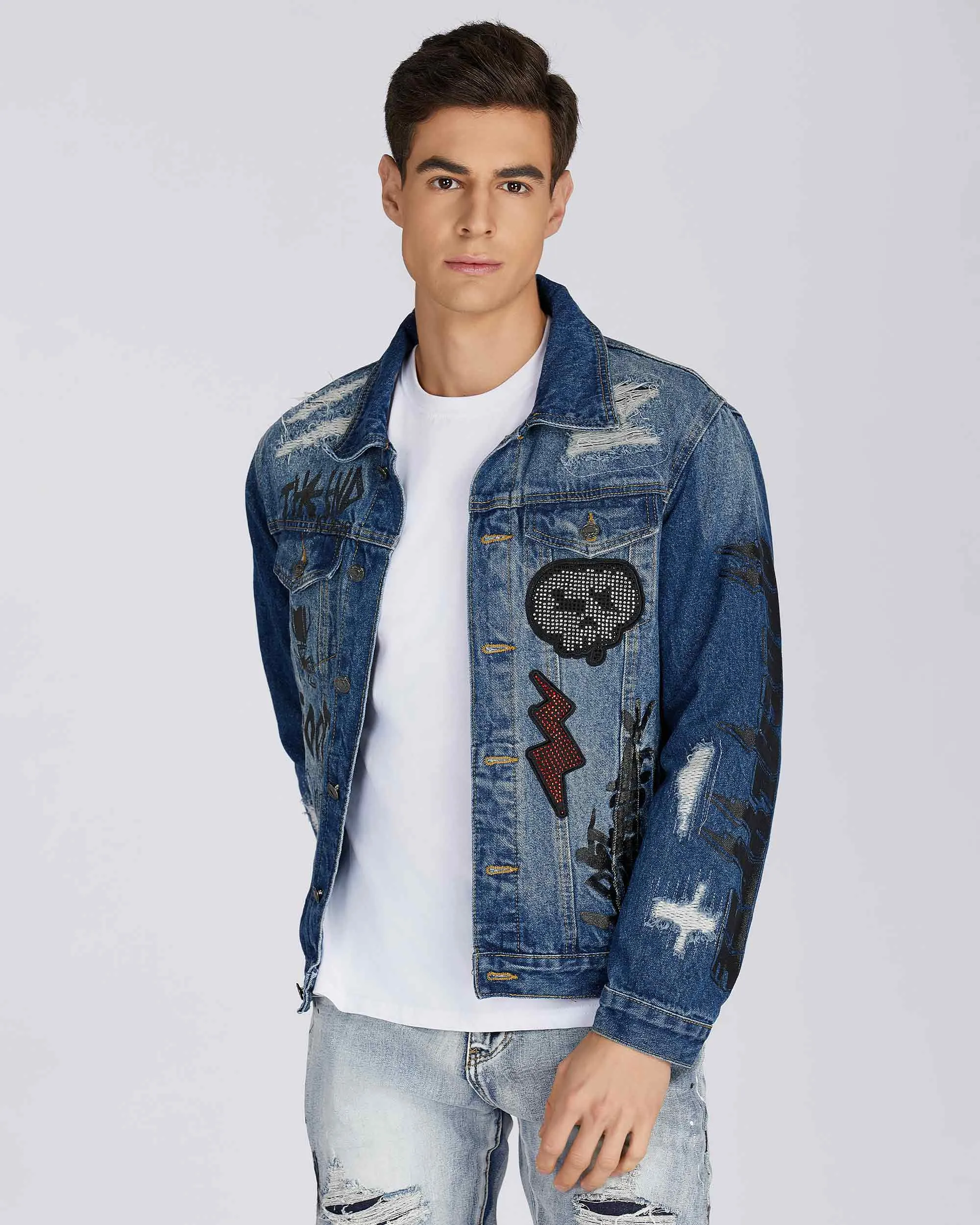 Blue Denim Jacket with Gradient Wash and Embroidery-Mexico Local Delivery