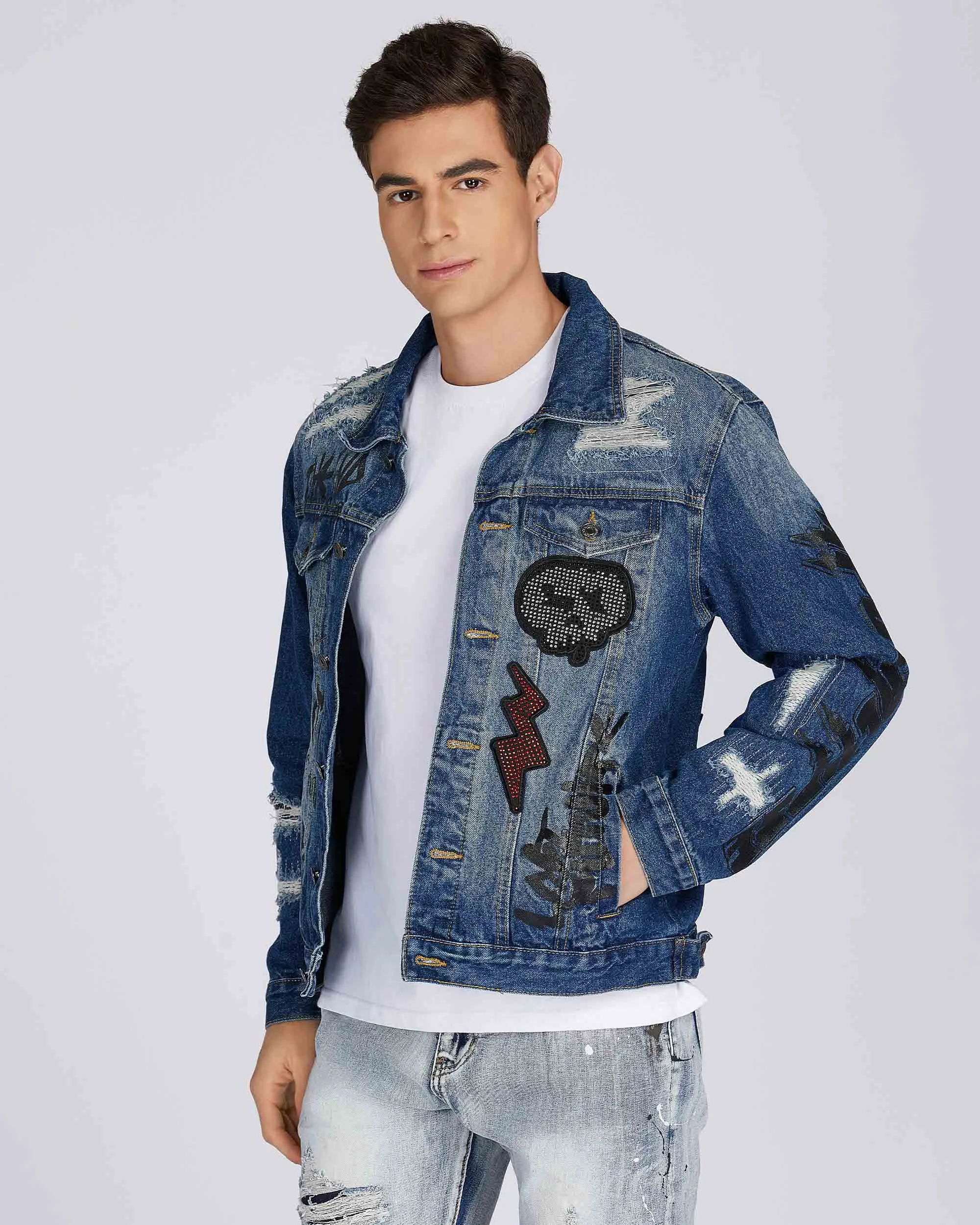 Blue Denim Jacket with Gradient Wash and Embroidery-Mexico Local Delivery