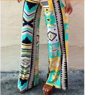 Bohemian Style Print Wide Leg Regular Pants