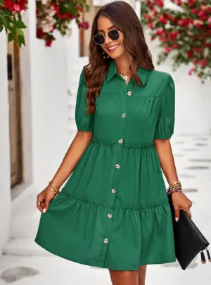 Bubble Sleeve Solid Color Dress